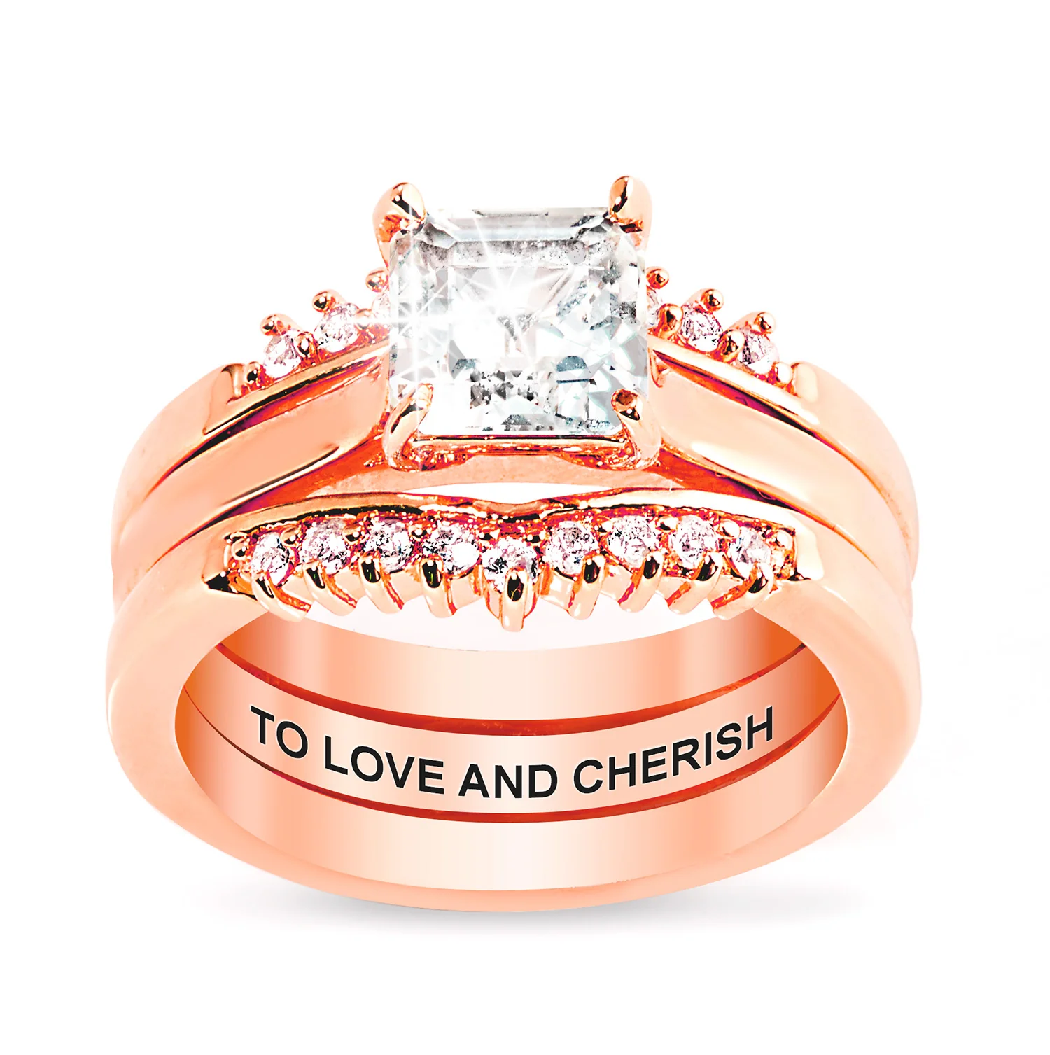 Rose Gold over Sterling Square White Topaz Solitaire with Enhancer Engraved Engagement Ring Set - Image 4