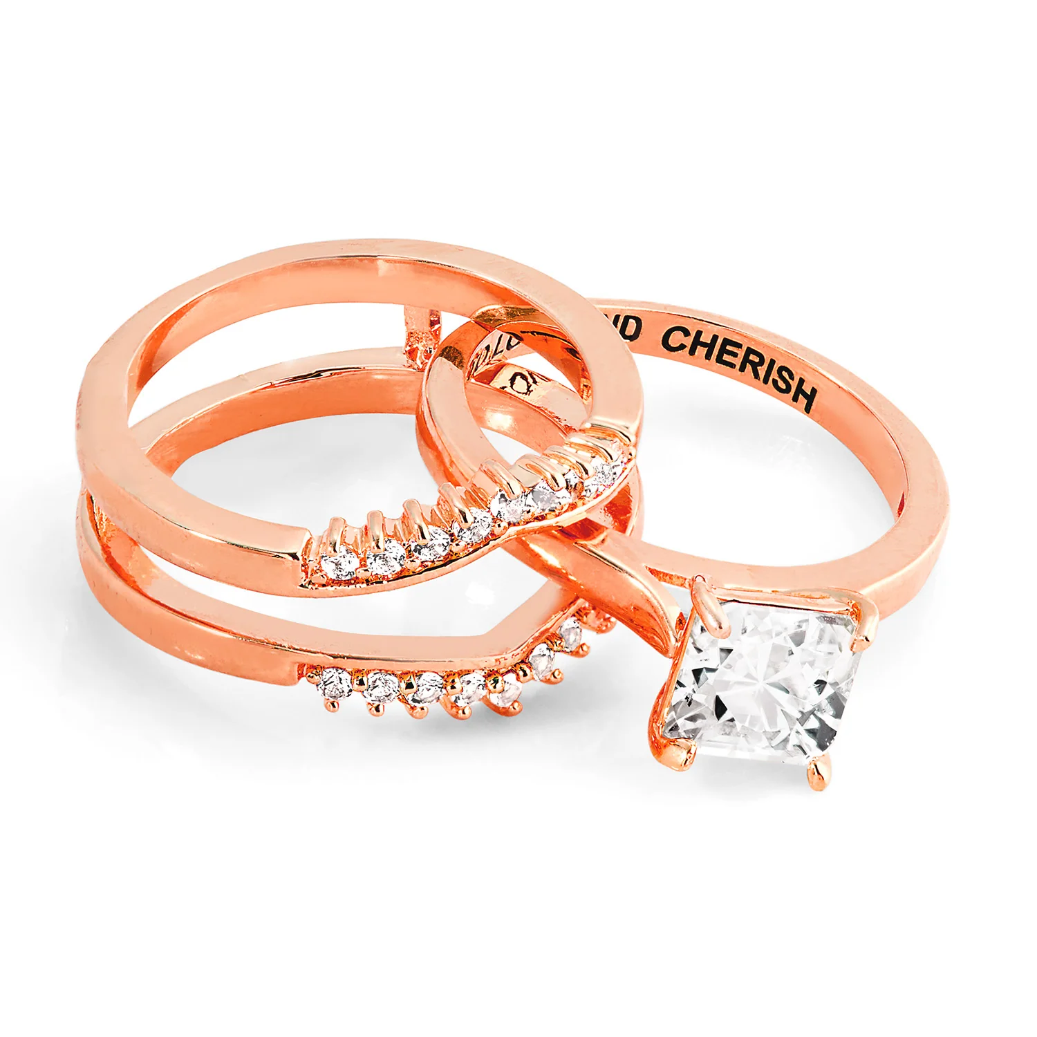 Rose Gold over Sterling Square White Topaz Solitaire with Enhancer Engraved Engagement Ring Set - Image 5