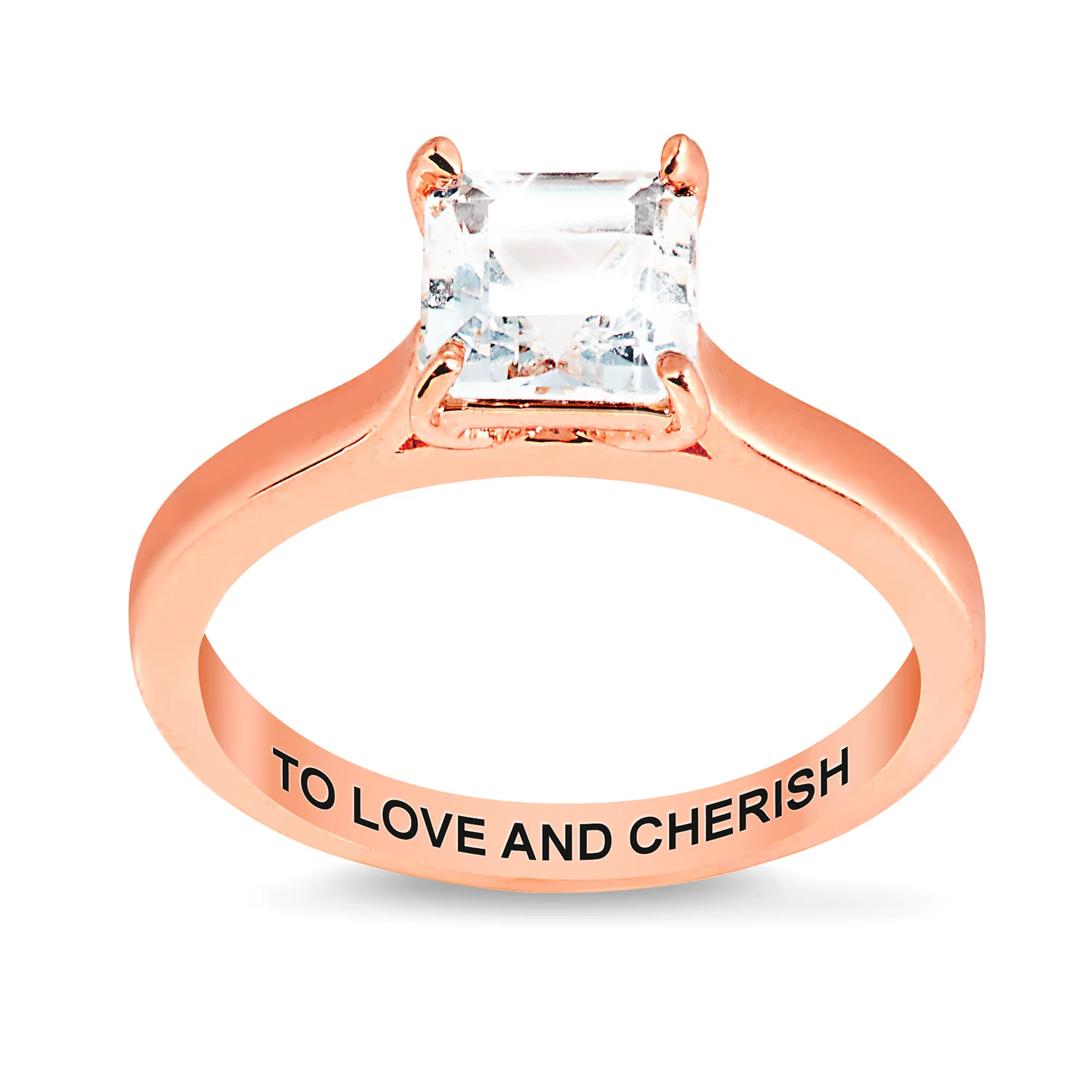Rose Gold over Sterling Square White Topaz Solitaire with Enhancer Engraved Engagement Ring Set - Image 6