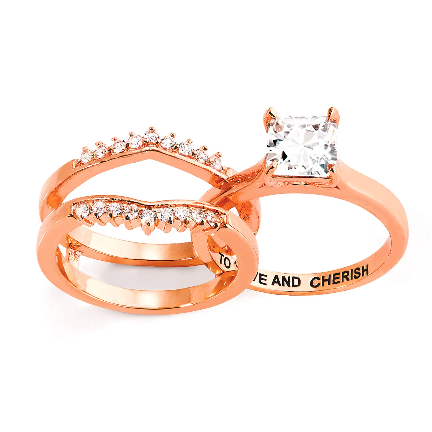 Rose Gold over Sterling Square White Topaz Solitaire with Enhancer Engraved Engagement Ring Set - Image 7