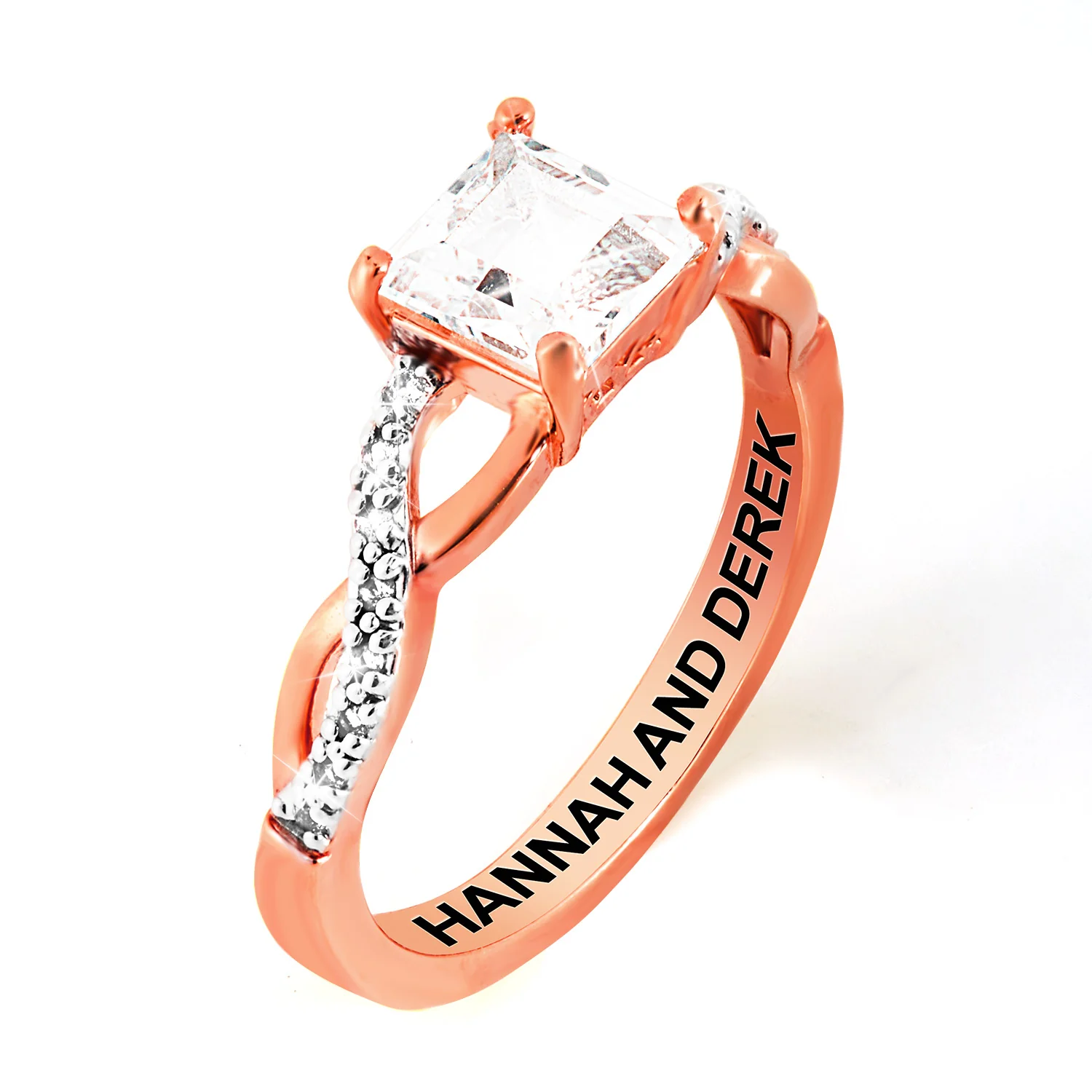 Rose Gold over Sterling Square White Topaz Twist Engagement Ring - Image 3