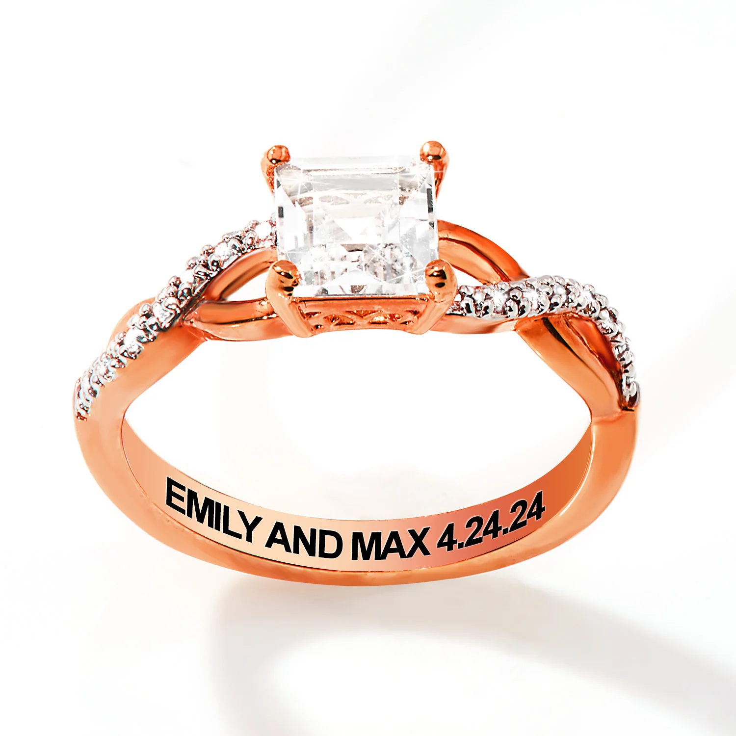 Rose Gold over Sterling Square White Topaz Twist Engagement Ring - Image 4