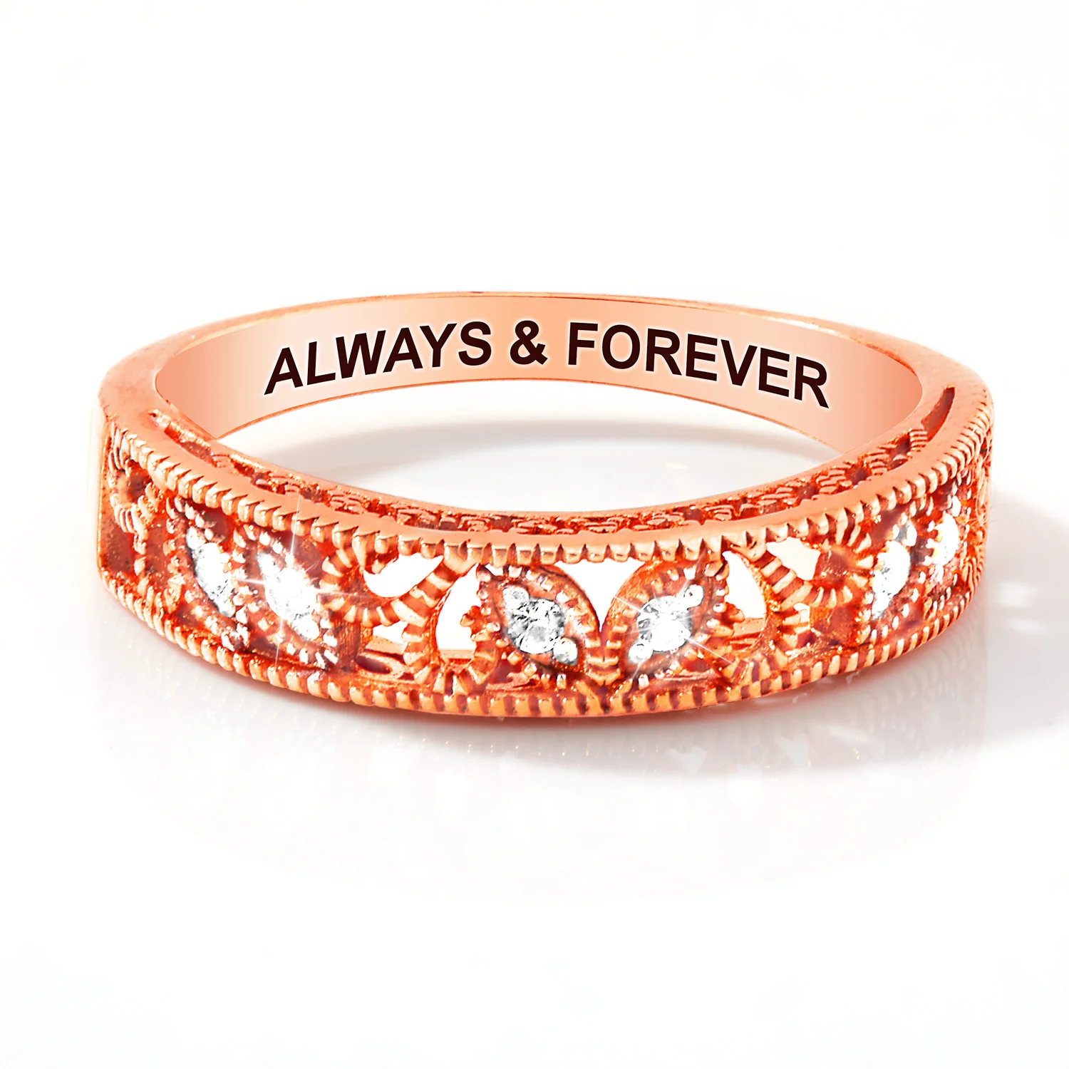 Rose Gold over Sterling Vintage Filigree White Topaz Band Ring