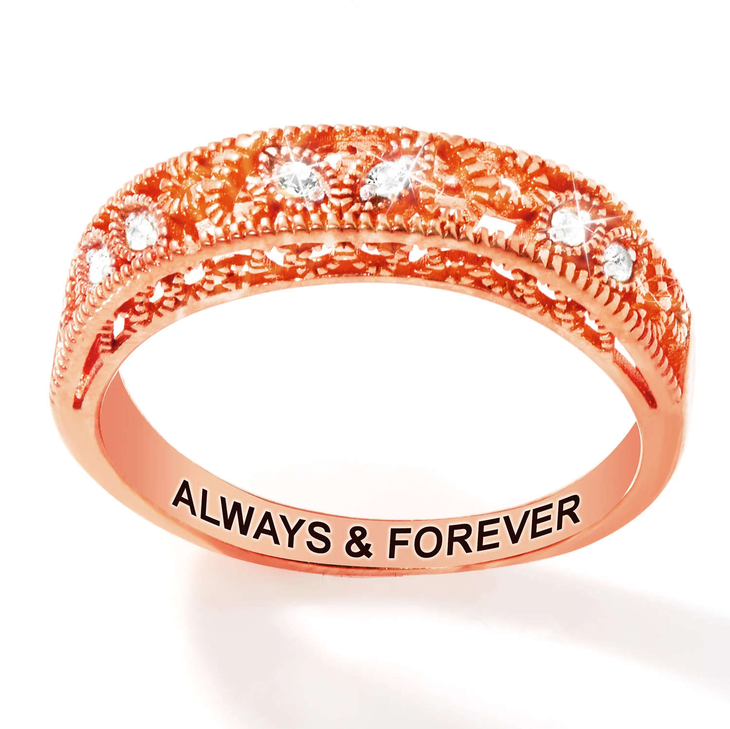Rose Gold over Sterling Vintage Filigree White Topaz Band Ring - Image 4