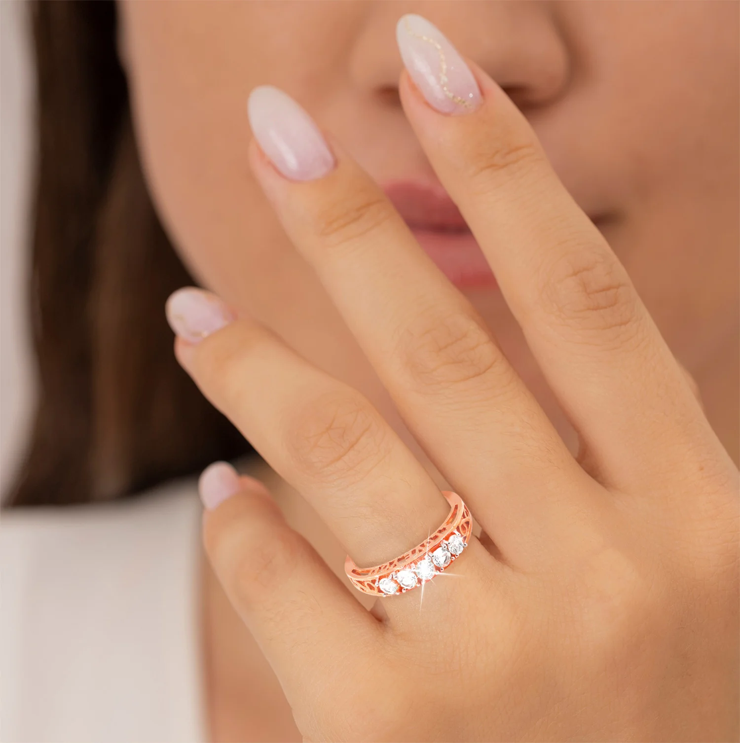 Rose Gold over Sterling White Topaz I LOVE YOU Hidden Message Band Ring - Image 2