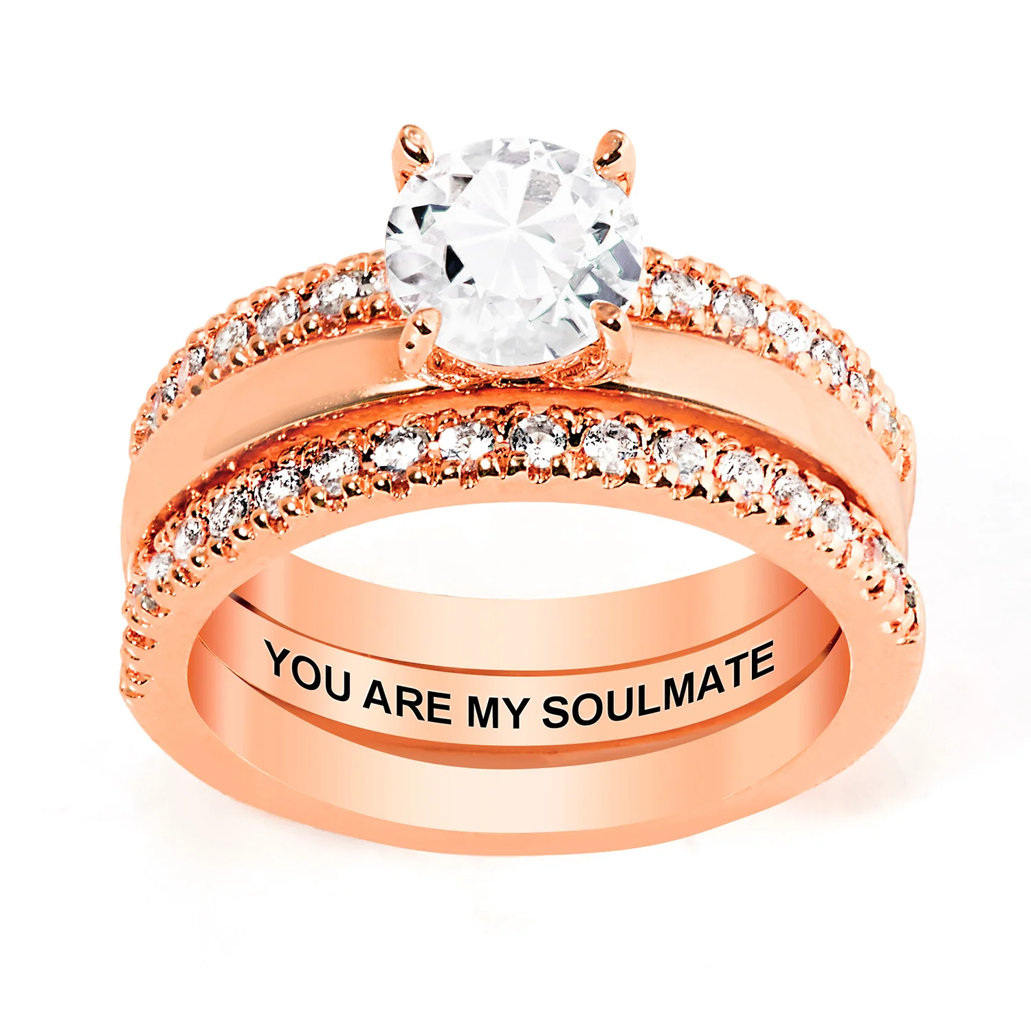 Rose Gold over Sterling White Topaz Solitaire with Enhancer Engraved Engagement Ring Set - Image 3