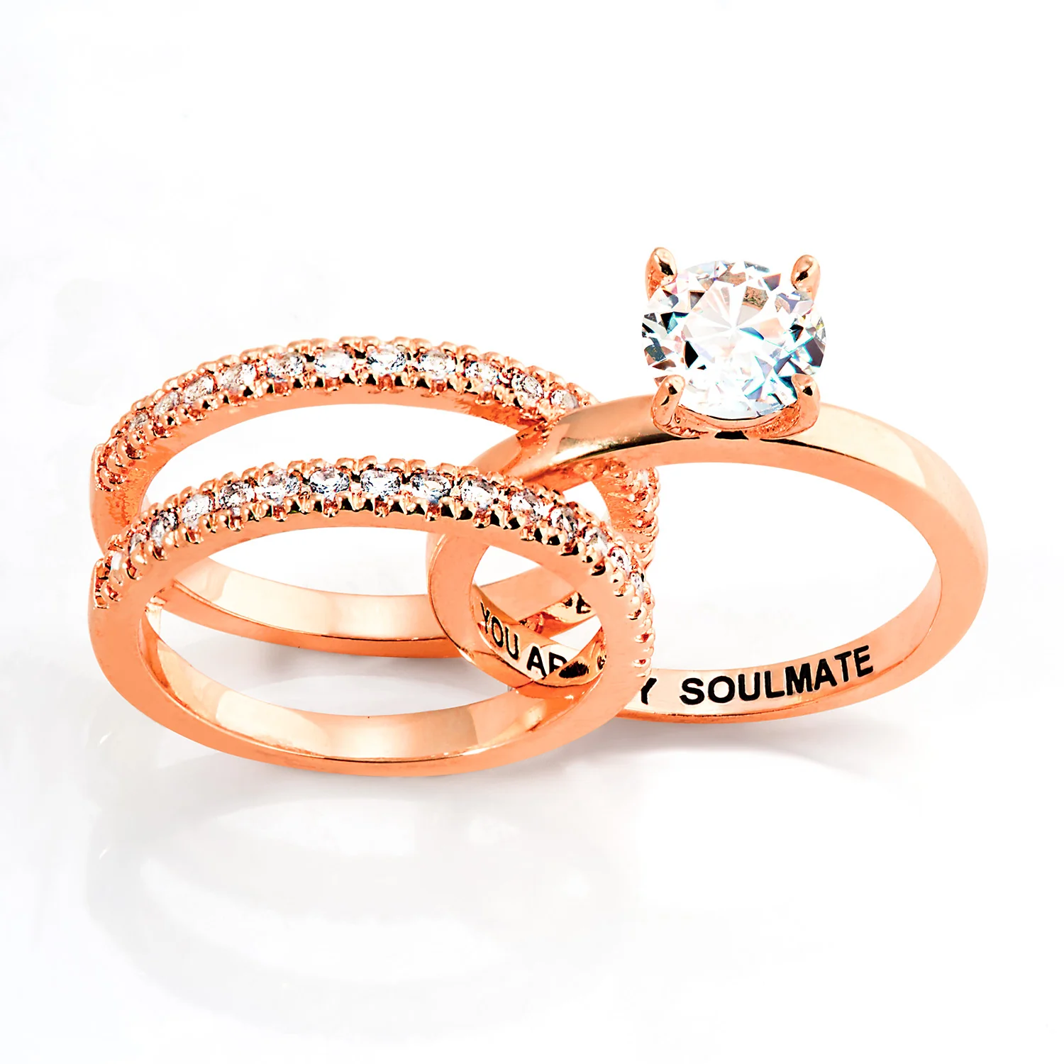 Rose Gold over Sterling White Topaz Solitaire with Enhancer Engraved Engagement Ring Set - Image 4