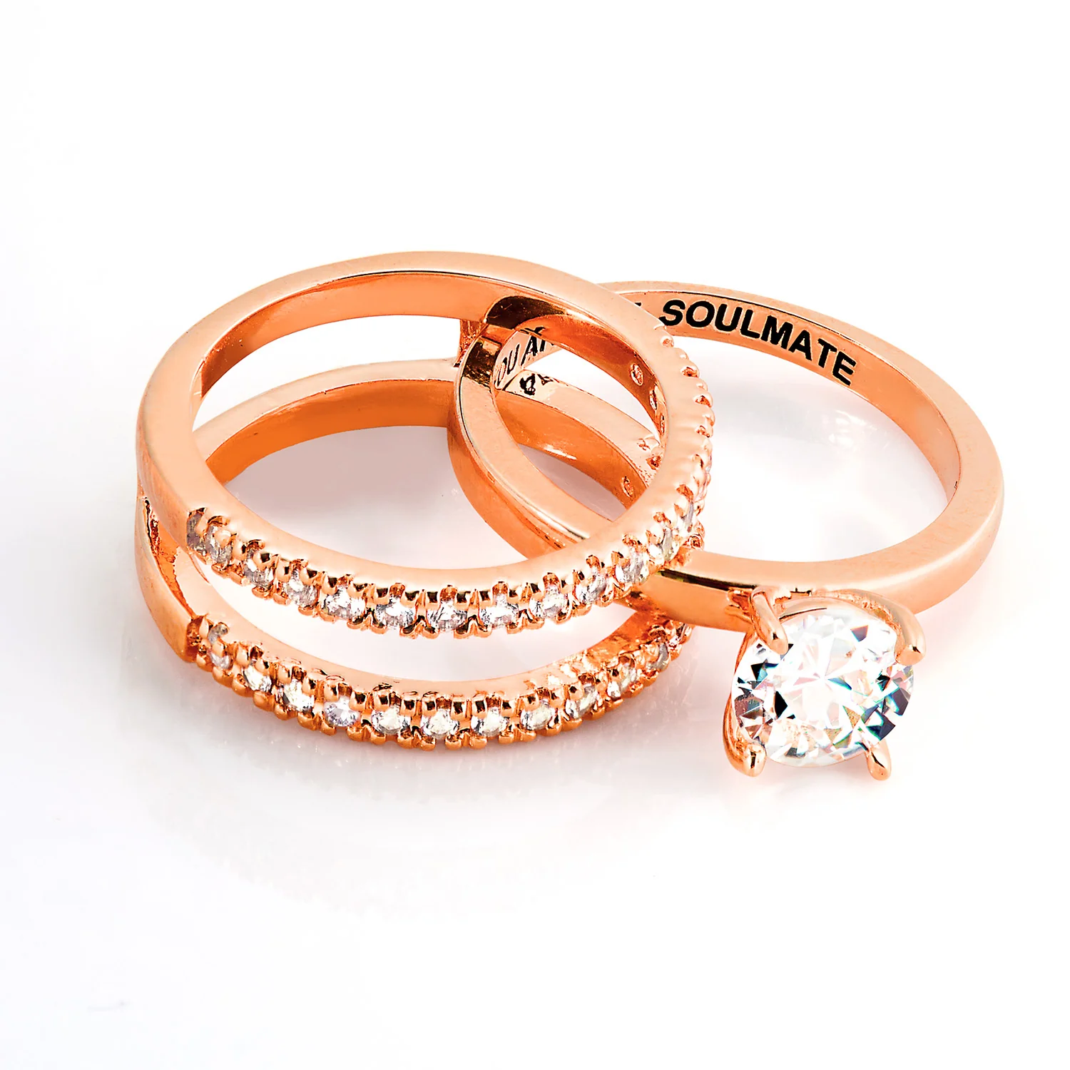 Rose Gold over Sterling White Topaz Solitaire with Enhancer Engraved Engagement Ring Set - Image 7