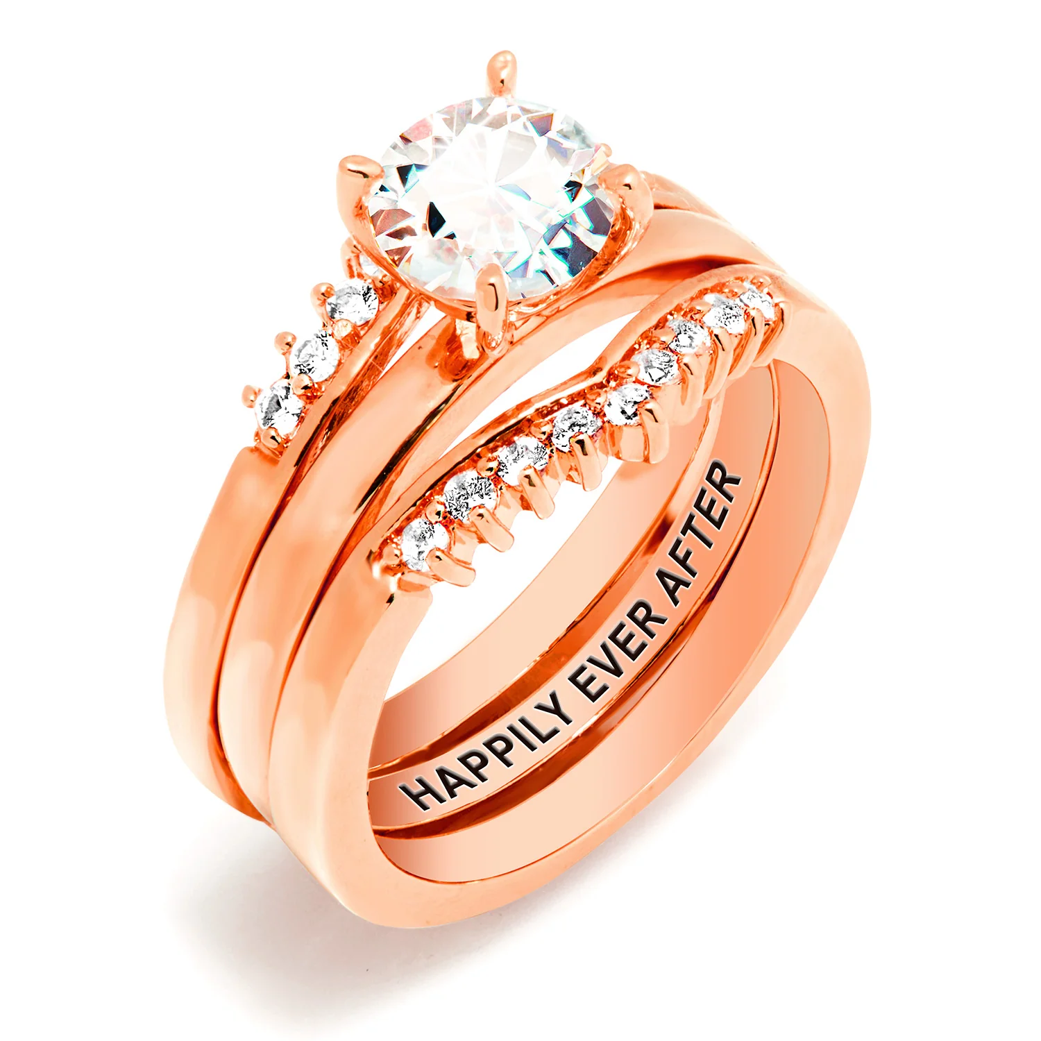 Rose Gold over Sterling White Topaz Solitaire with Enhancer Engraved Engagement Ring Set - Image 3