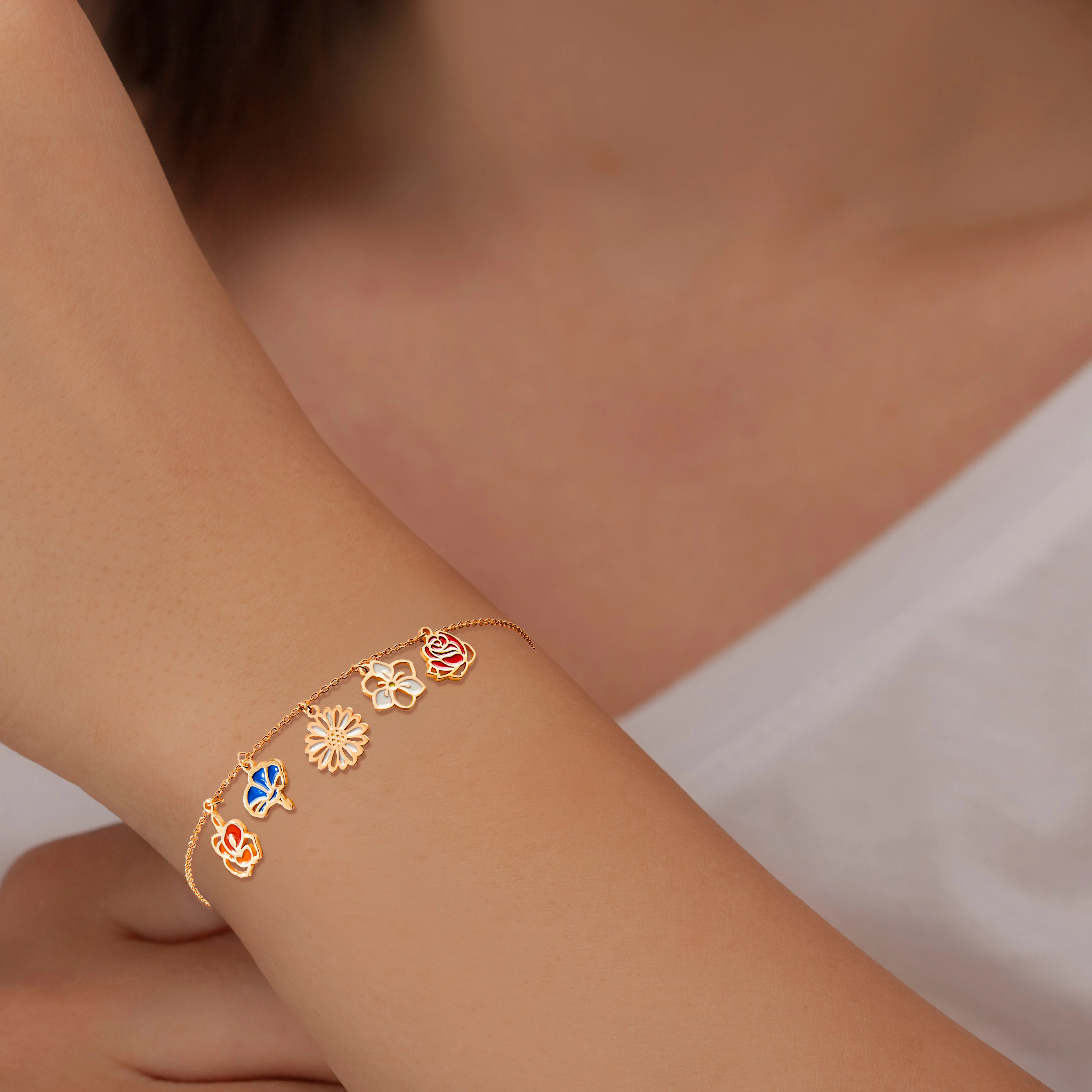 Rose Gold Plated Enamel Birth Month Flower Charm Bracelet - Image 2