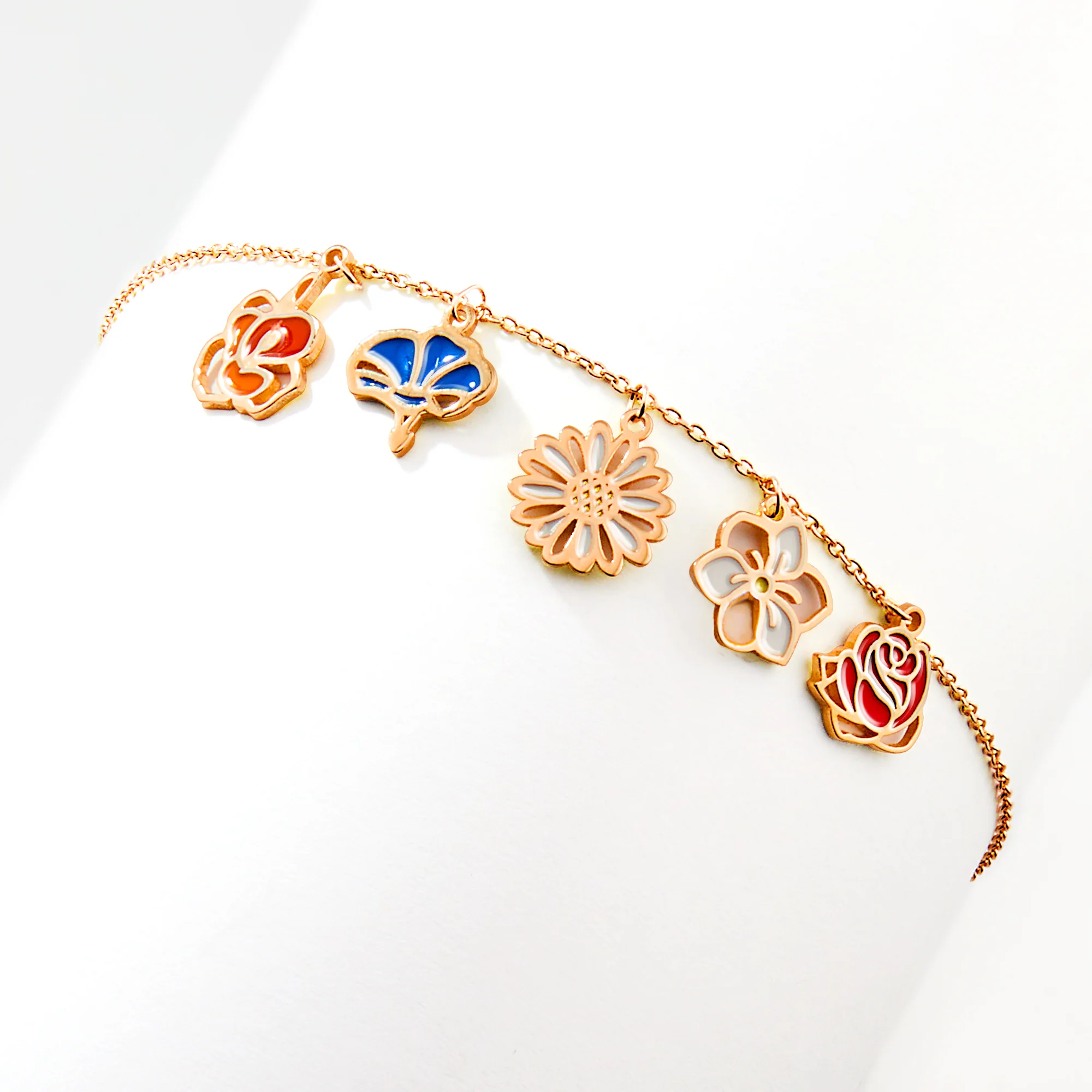 Rose Gold Plated Enamel Birth Month Flower Charm Bracelet - Image 5