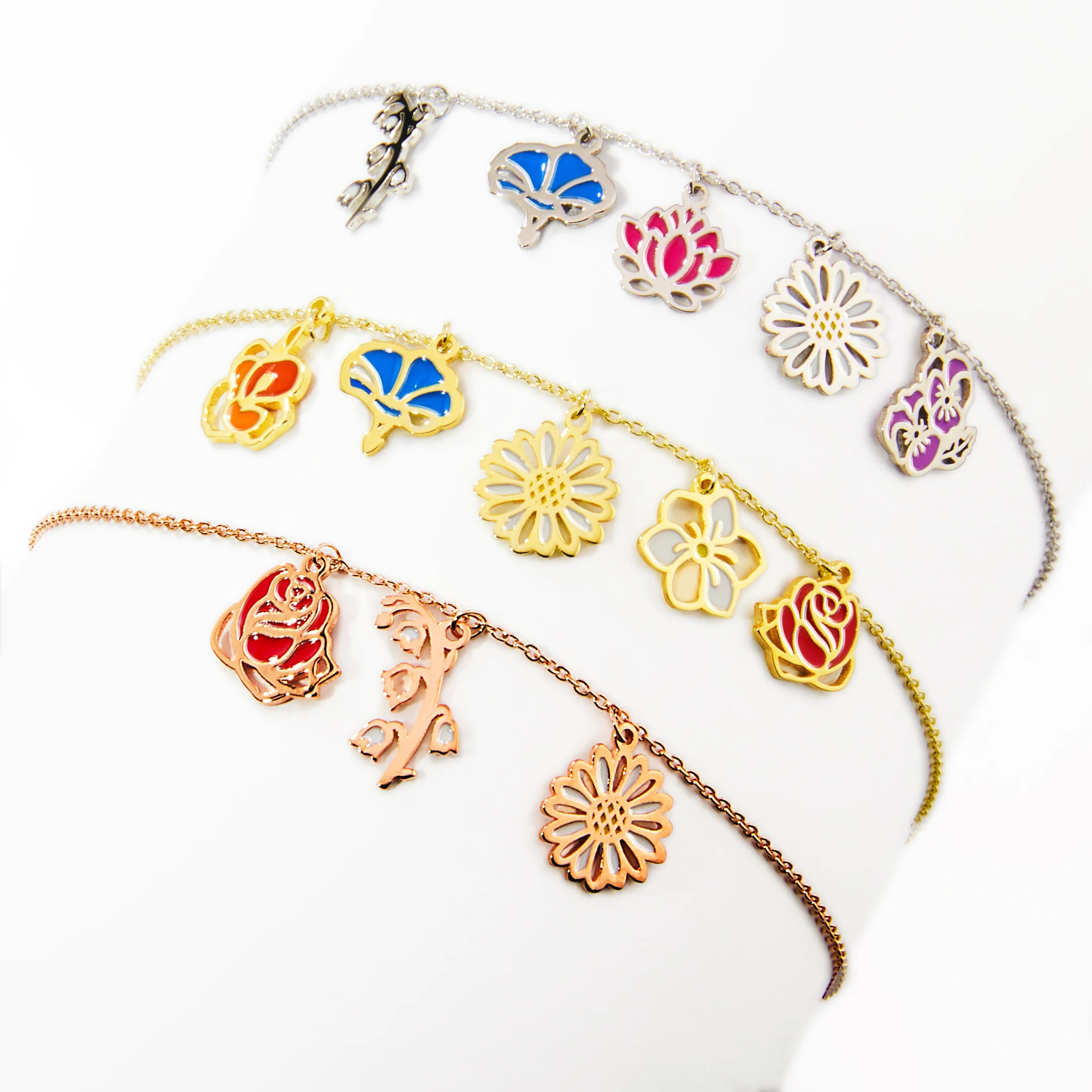 Rose Gold Plated Enamel Birth Month Flower Charm Bracelet - Image 7