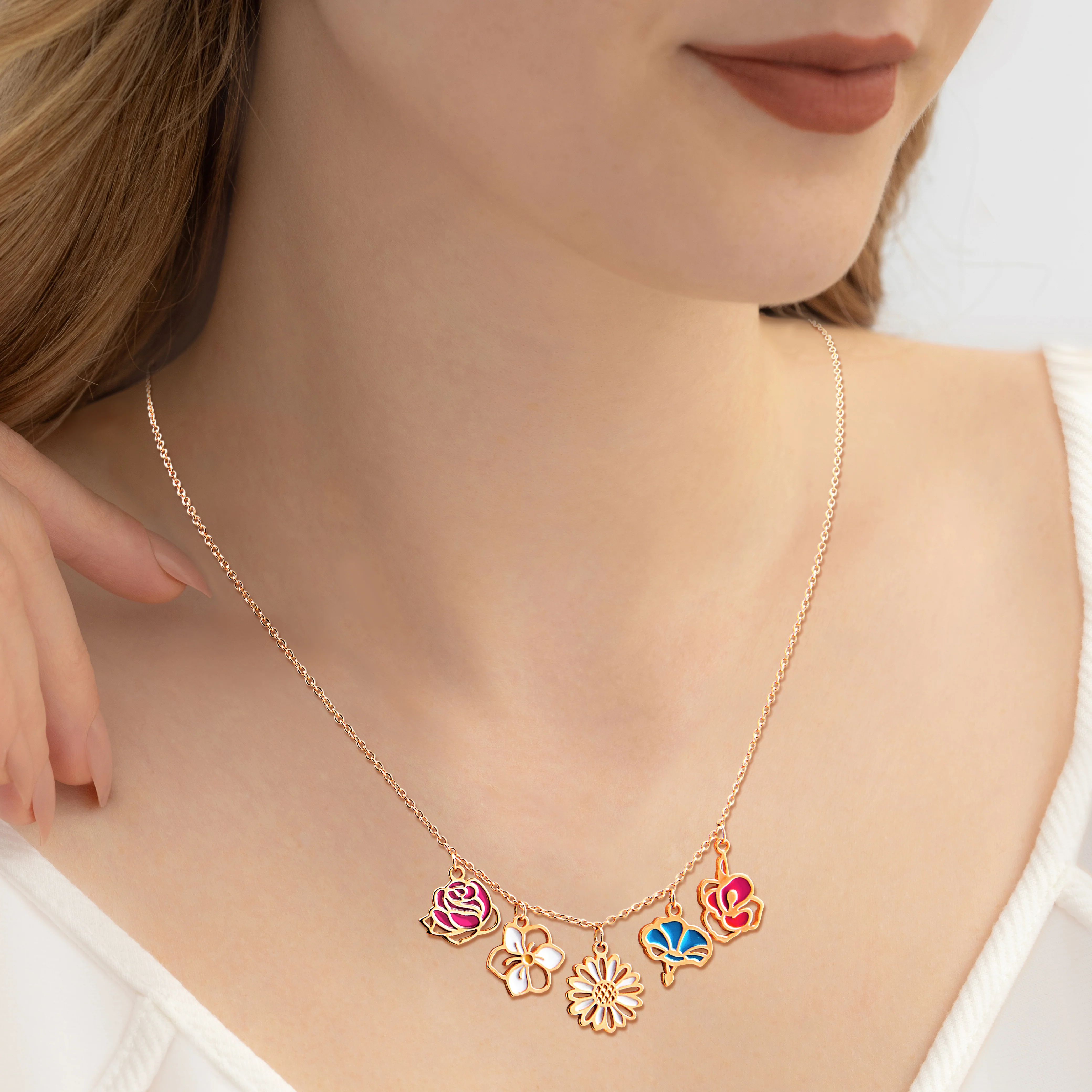 Rose Gold Plated Enamel Birth Month Flower Charm Necklace - Image 2