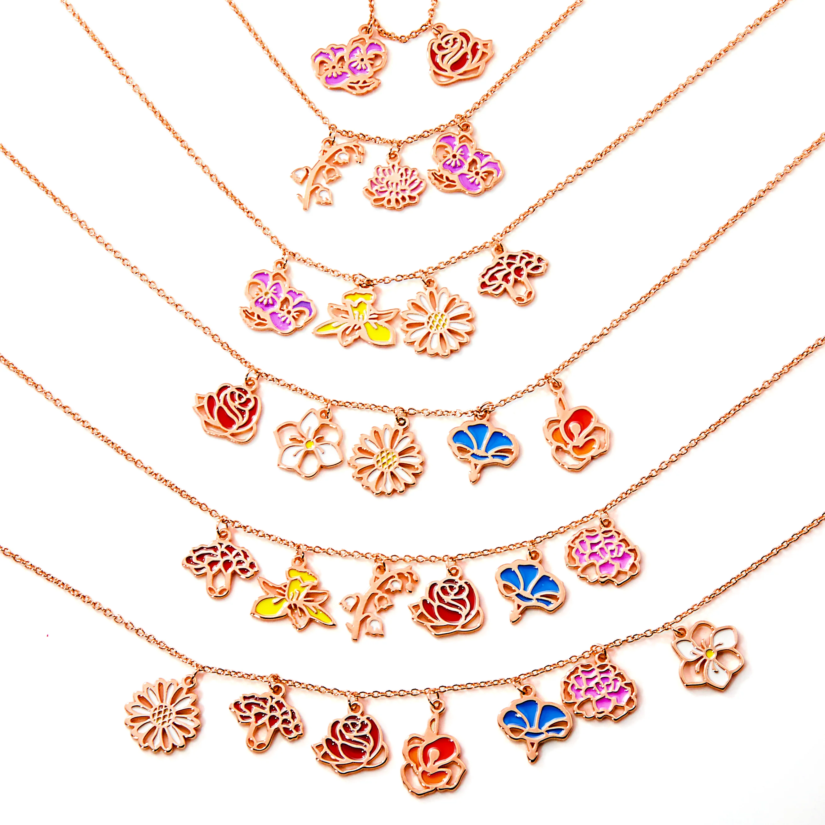 Rose Gold Plated Enamel Birth Month Flower Charm Necklace - Image 3