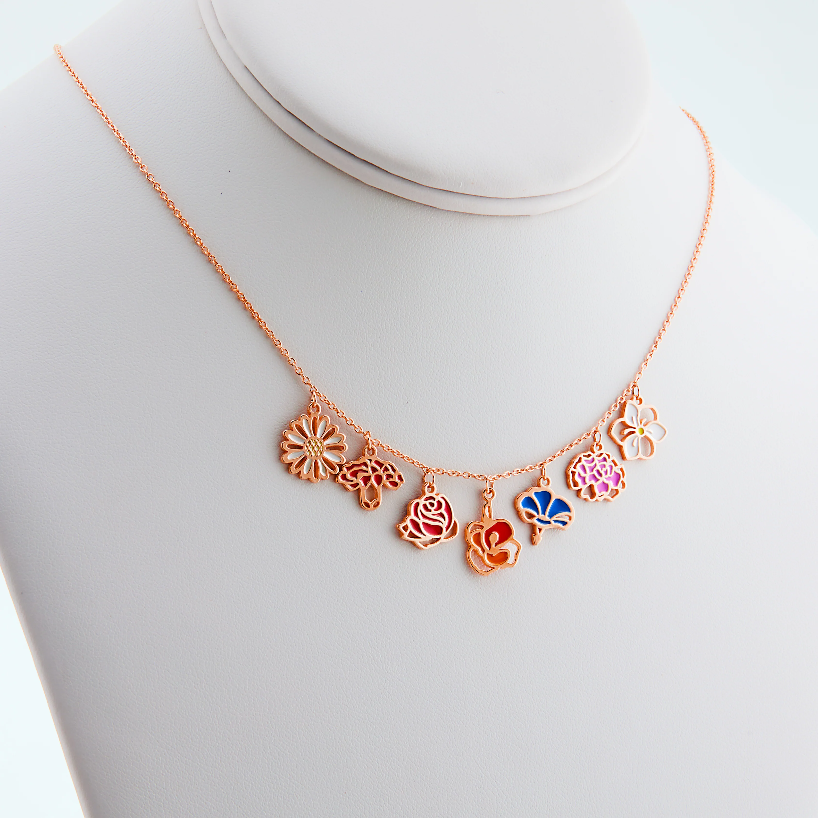 Rose Gold Plated Enamel Birth Month Flower Charm Necklace - Image 6
