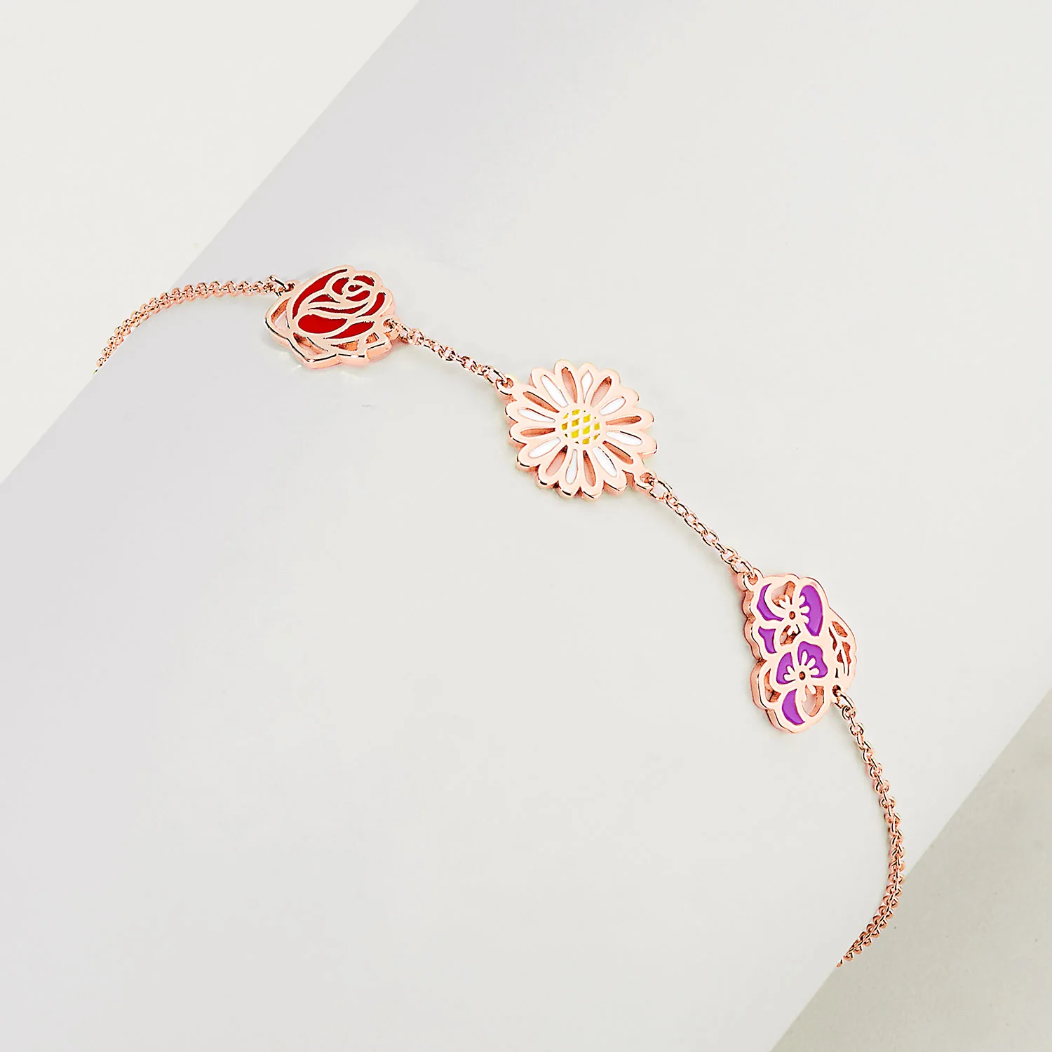 Rose Gold Plated Enamel Birthmonth Flower Station Bracelet - Image 3