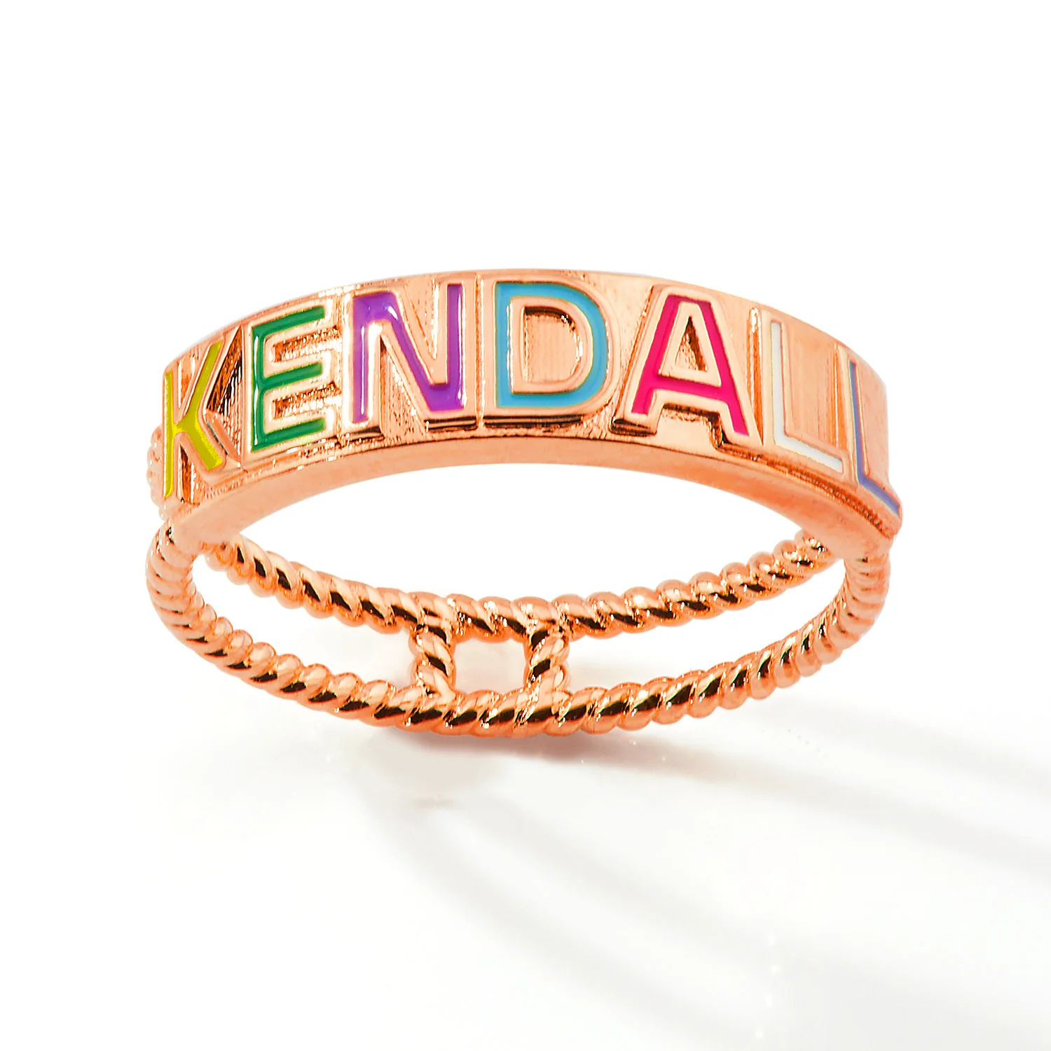 Rose Gold Plated Enamel Name with Double Roped Band Ring - Image 4