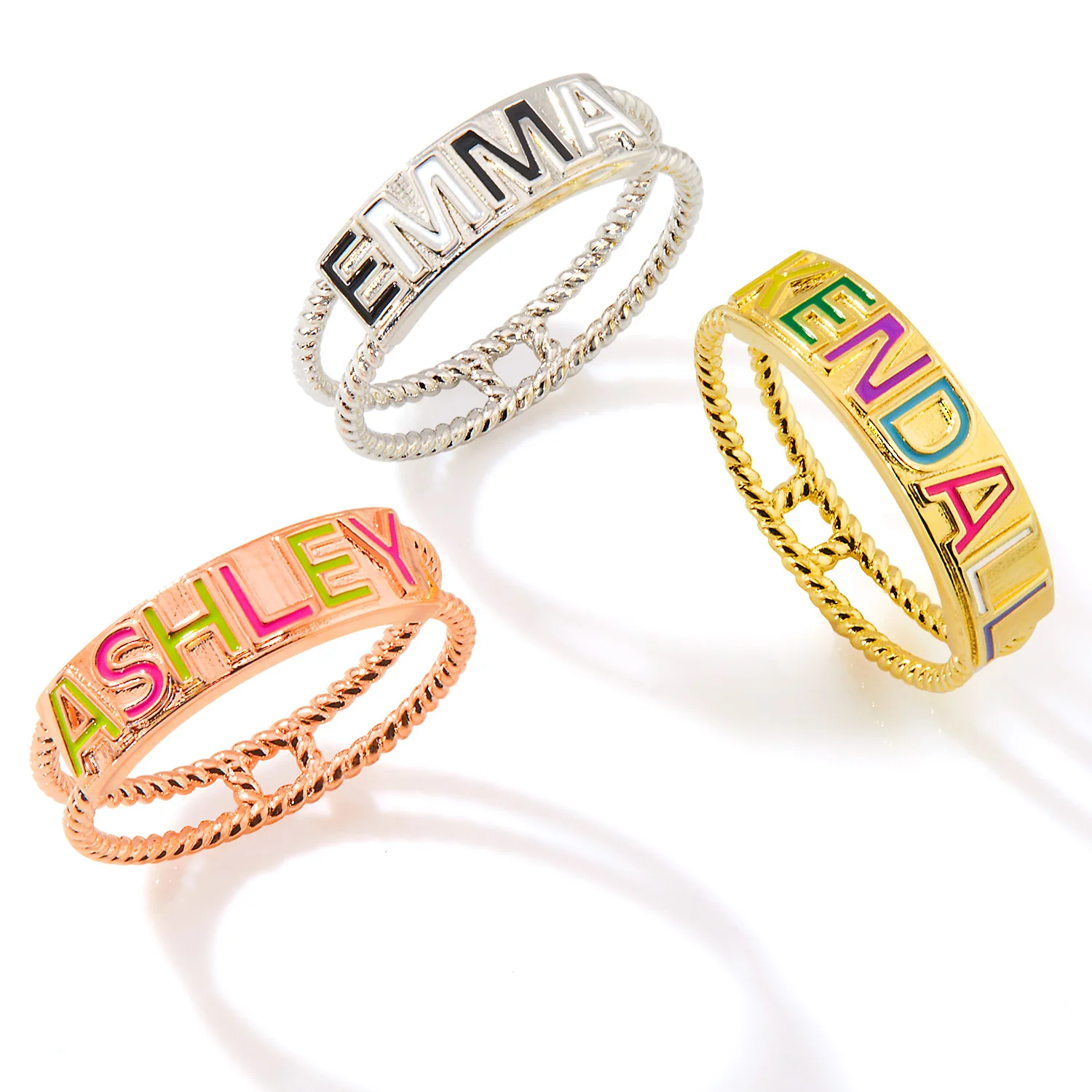 Rose Gold Plated Enamel Name with Double Roped Band Ring - Image 6
