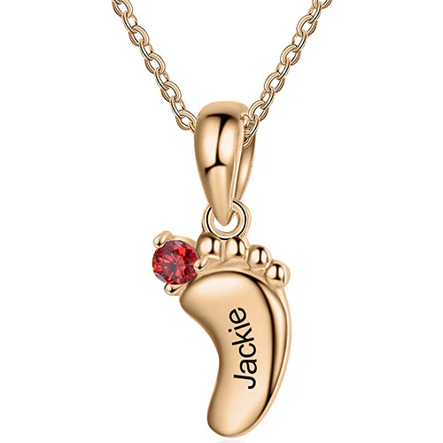 Rose Gold Plated Engraved Birthstone Footprint Necklace - Image 3