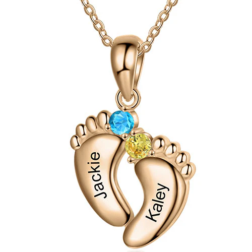 Rose Gold Plated Engraved Birthstone Footprint Necklace - Image 4