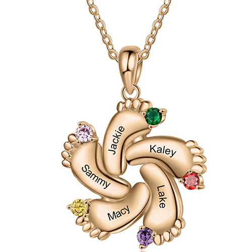 Rose Gold Plated Engraved Birthstone Footprint Necklace - Image 7