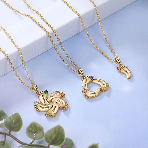 Rose Gold Plated Engraved Birthstone Footprint Necklace - Image 8