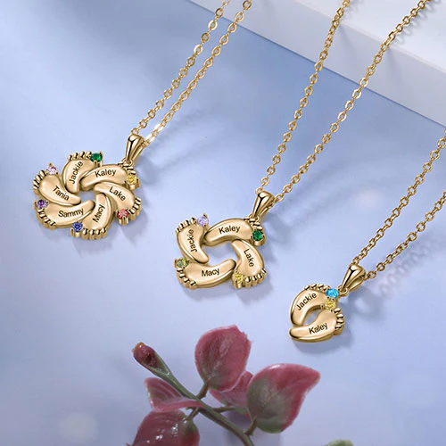 Rose Gold Plated Engraved Birthstone Footprint Necklace - Image 9