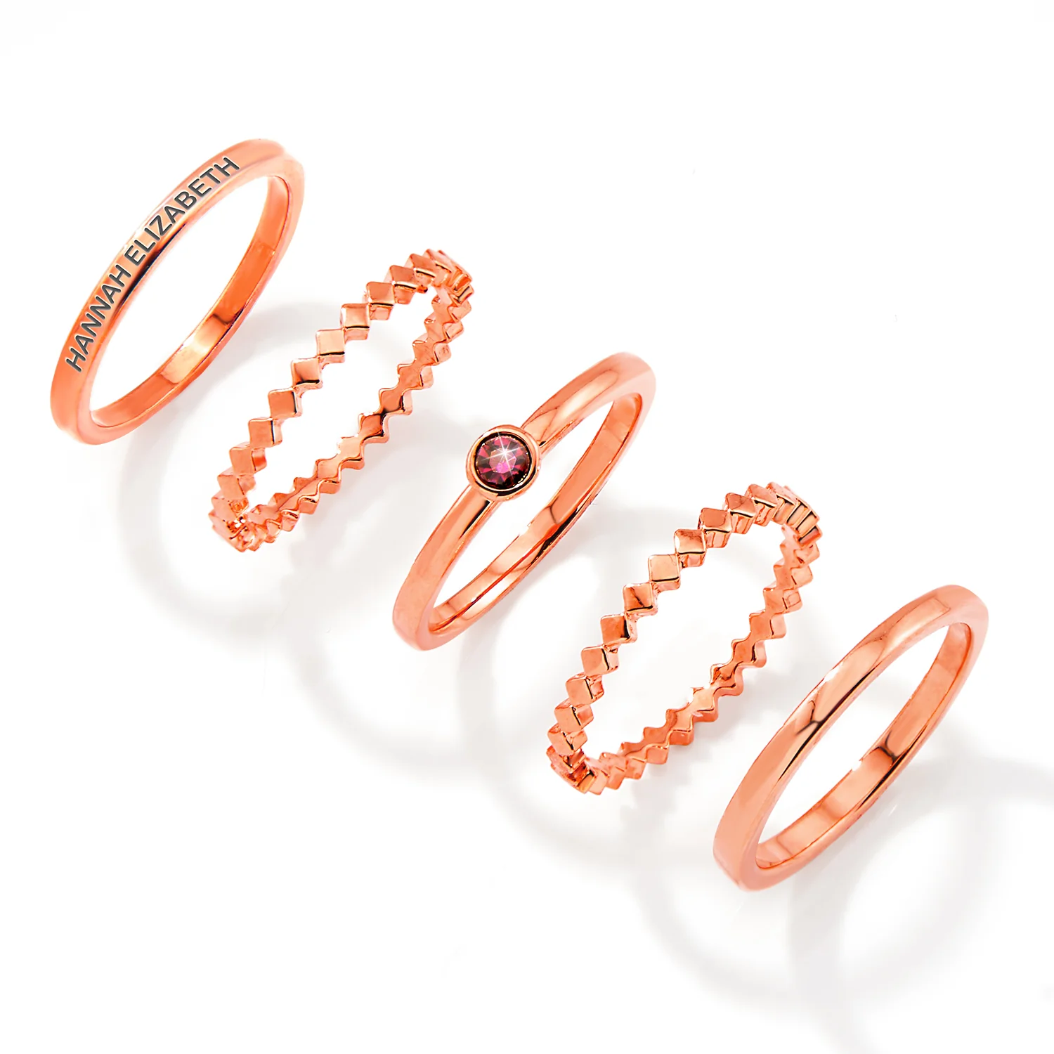 Rose Gold Plated Engraved Birthstone Geometric Stackable 5 Ring Set - Image 3