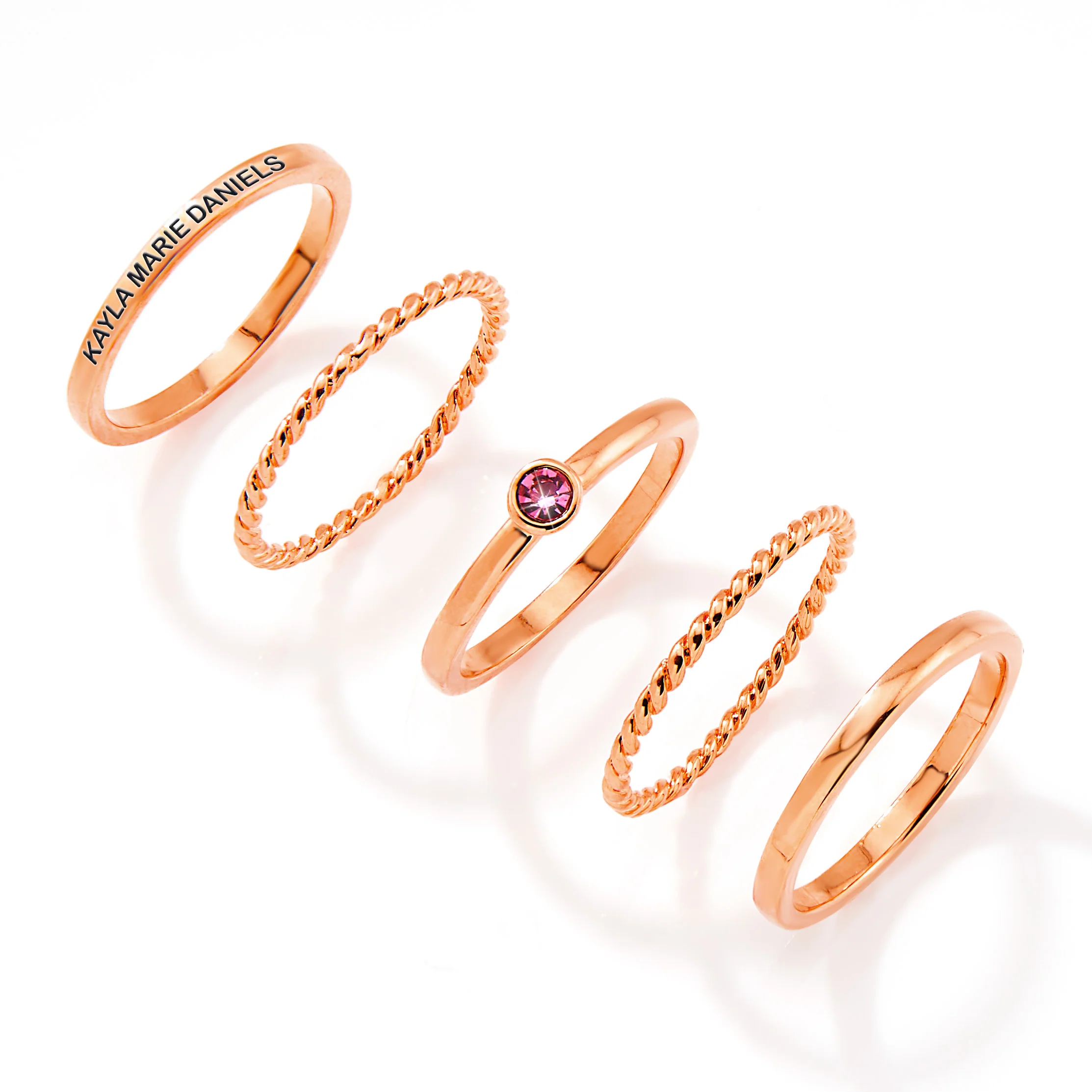 Rose Gold Plated Engraved Birthstone Roped Stackable 5 Ring Set - Image 3