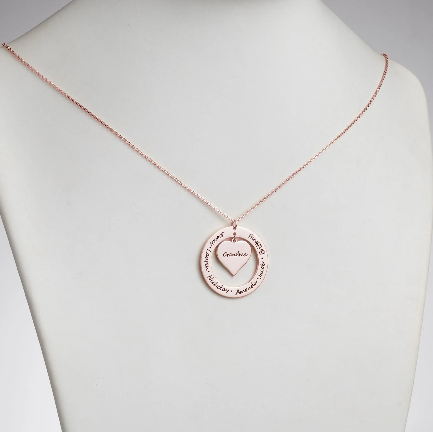 14K Rose Gold Plated Engraved Family Name Heart and Circle Necklace - Image 2