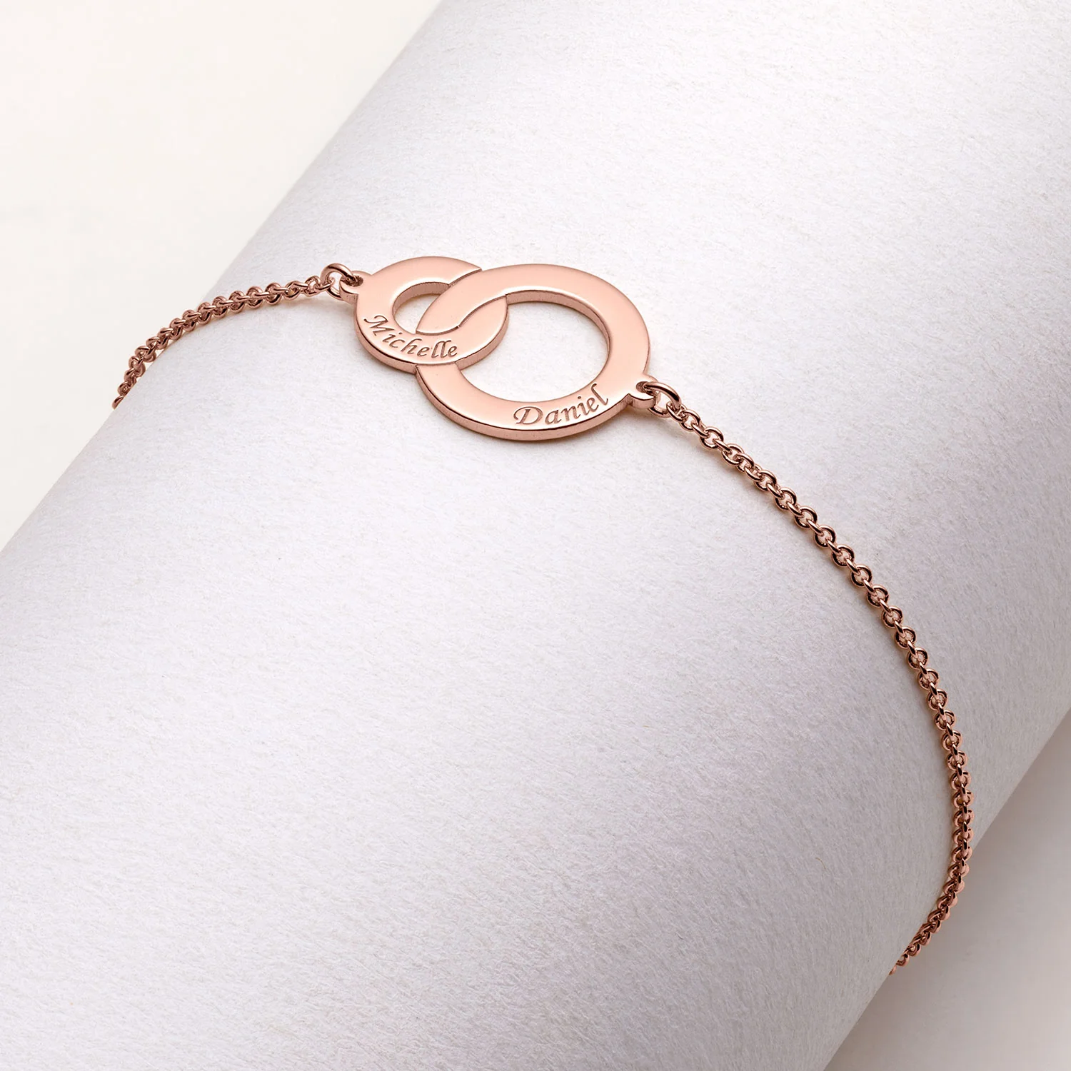 14K Rose Gold Plated Engraved Names Interlocking Circles Bracelet - Image 2