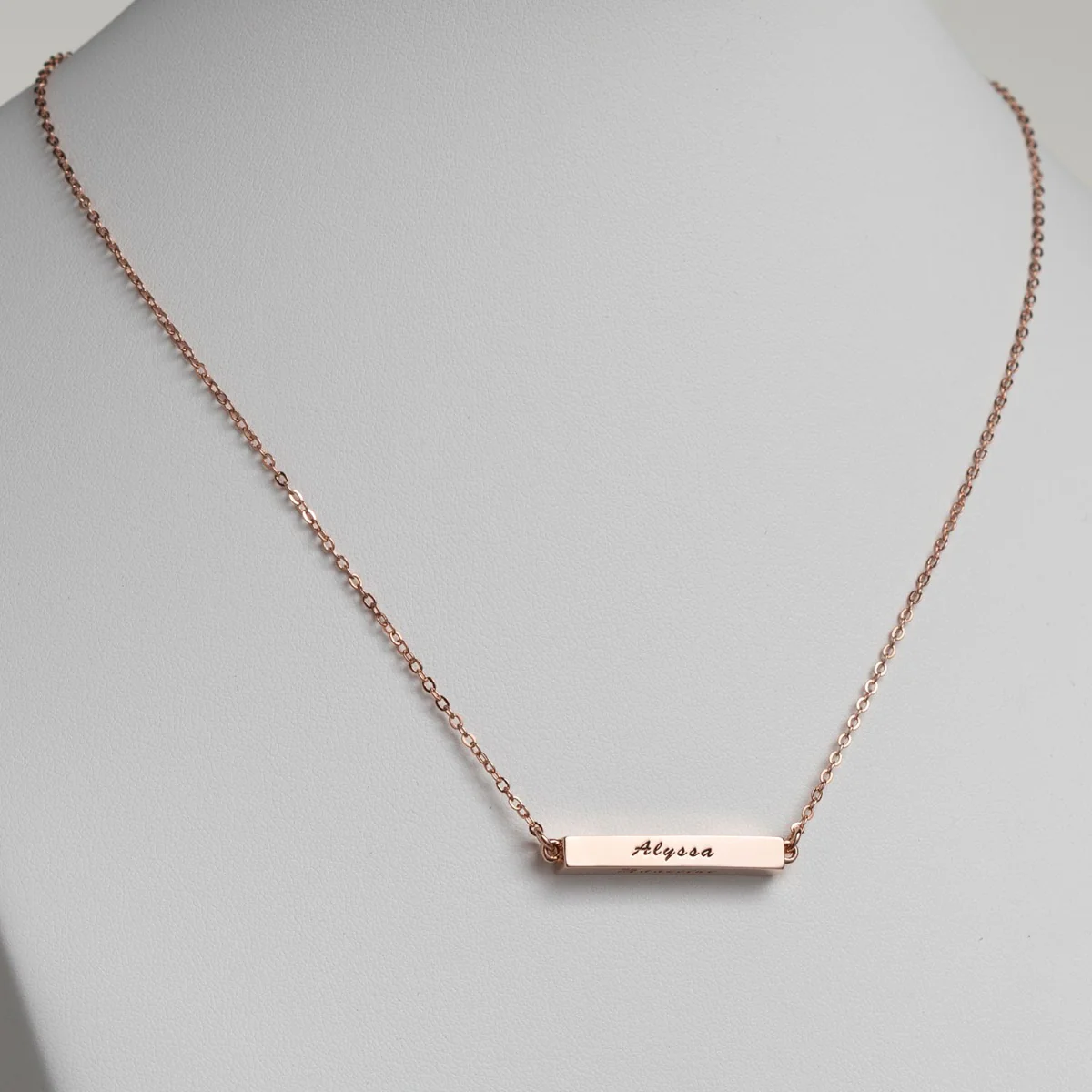 14K Rose Gold Plated Horizontal 4-Sided Engraved Family Name Necklace - Image 3