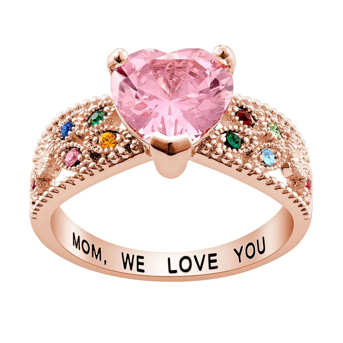 14K Rose Gold Plated Mother's Heart Family Birthstone Ring