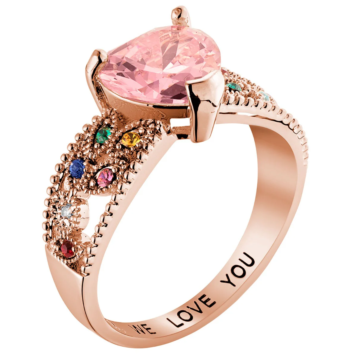 14K Rose Gold Plated Mother's Heart Family Birthstone Ring - Image 2
