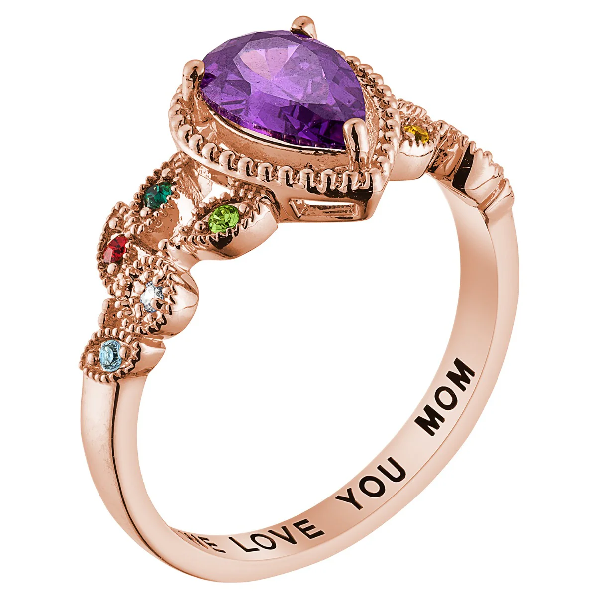 14K Rose Gold Plated Mother's Pear Family Birthstone Ring - Image 2