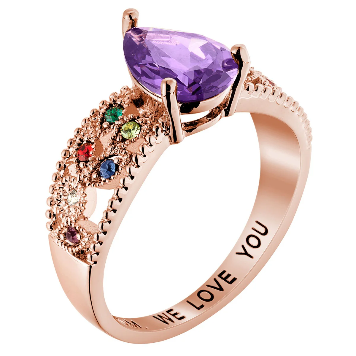 14K Rose Gold Plated Mother's Pear Family Birthstone Ring - Image 2