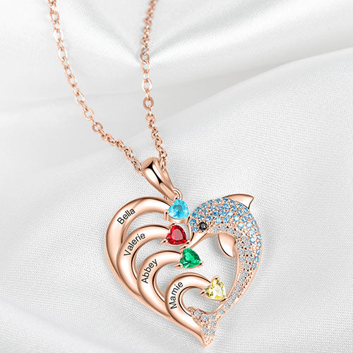 Rose Gold Plated Pave Dolphin Open Heart Engraved Birthstone Necklace - Image 3