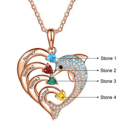 Rose Gold Plated Pave Dolphin Open Heart Engraved Birthstone Necklace - Image 4