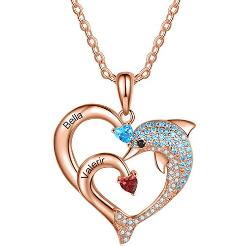 Rose Gold Plated Pave Dolphin Open Heart Engraved Birthstone Necklace - Image 5
