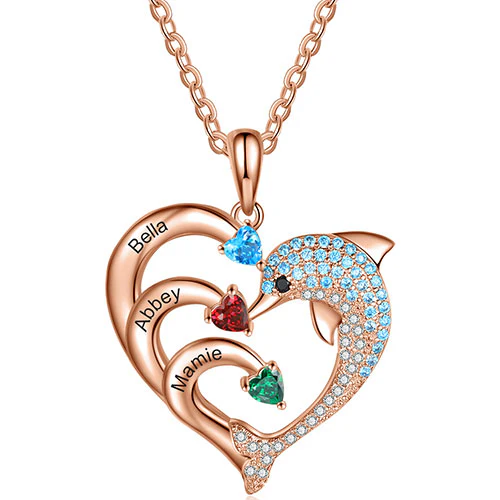Rose Gold Plated Pave Dolphin Open Heart Engraved Birthstone Necklace - Image 6