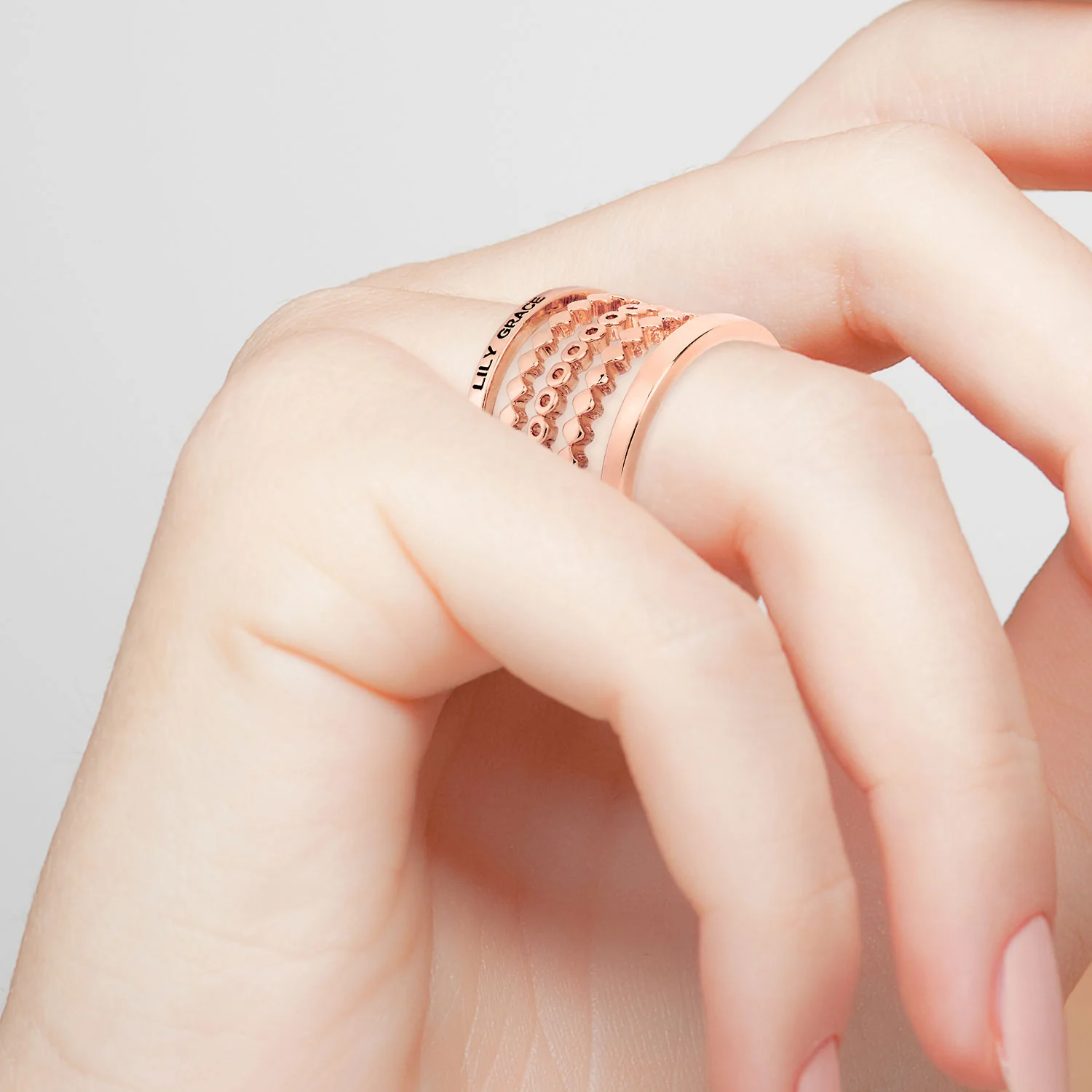 Rose Gold Plated Personalized Beaded Stackable 5 Ring Set - Image 2