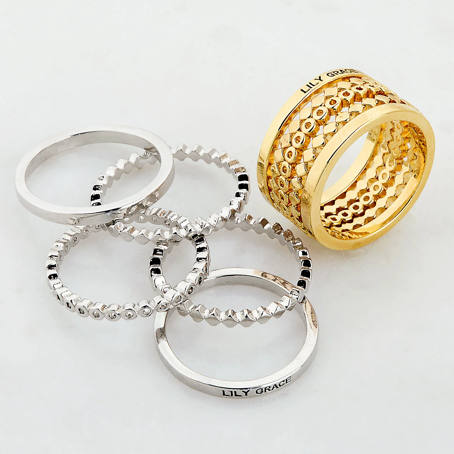Rose Gold Plated Personalized Beaded Stackable 5 Ring Set - Image 5
