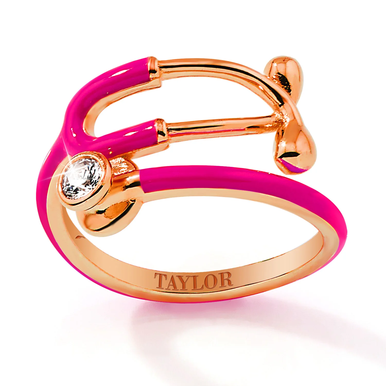 Rose Gold Plated Personalized Birthstone & Enamel Stethoscope Wrap Ring - Image 4