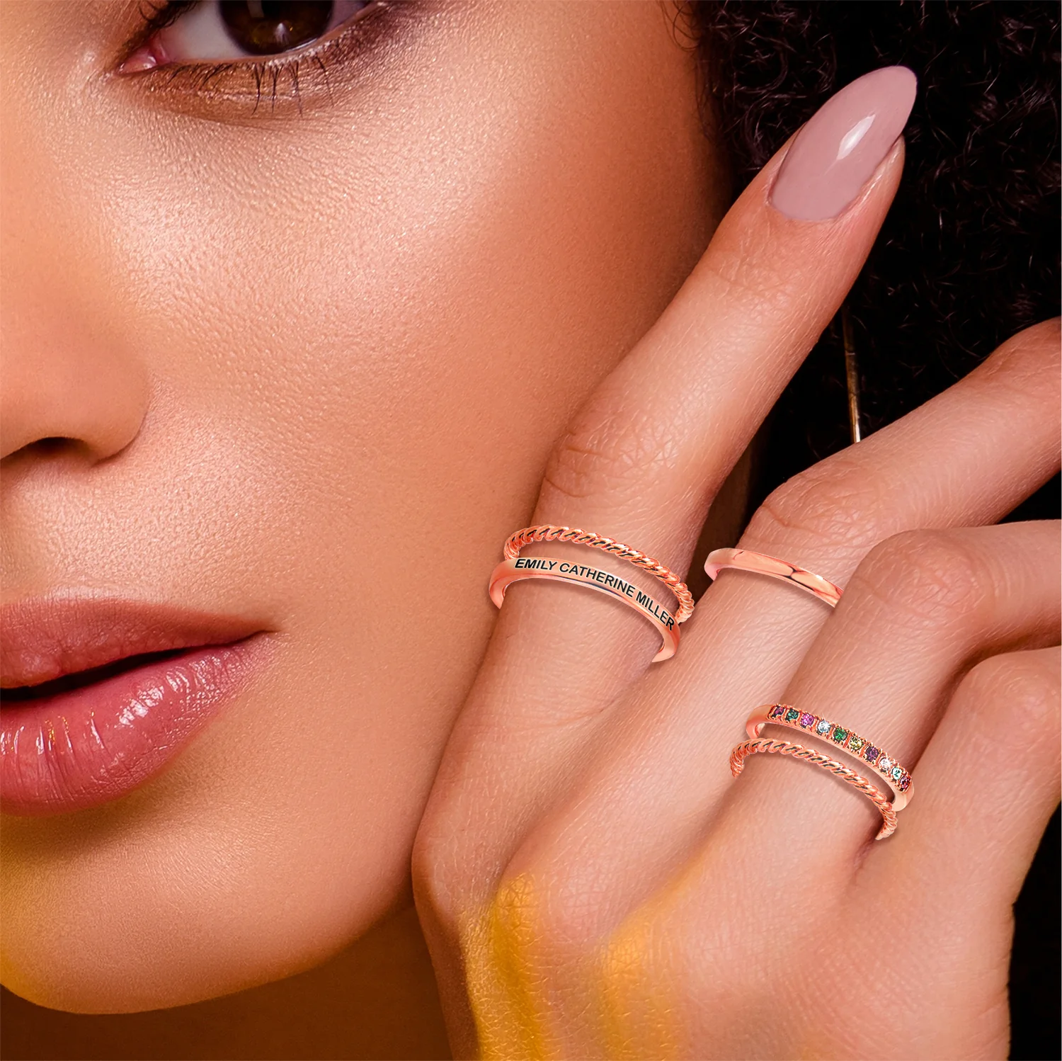 Rose Gold Plated Personalized Family Birthstone Roped Stackable 5 Ring Set - Image 2