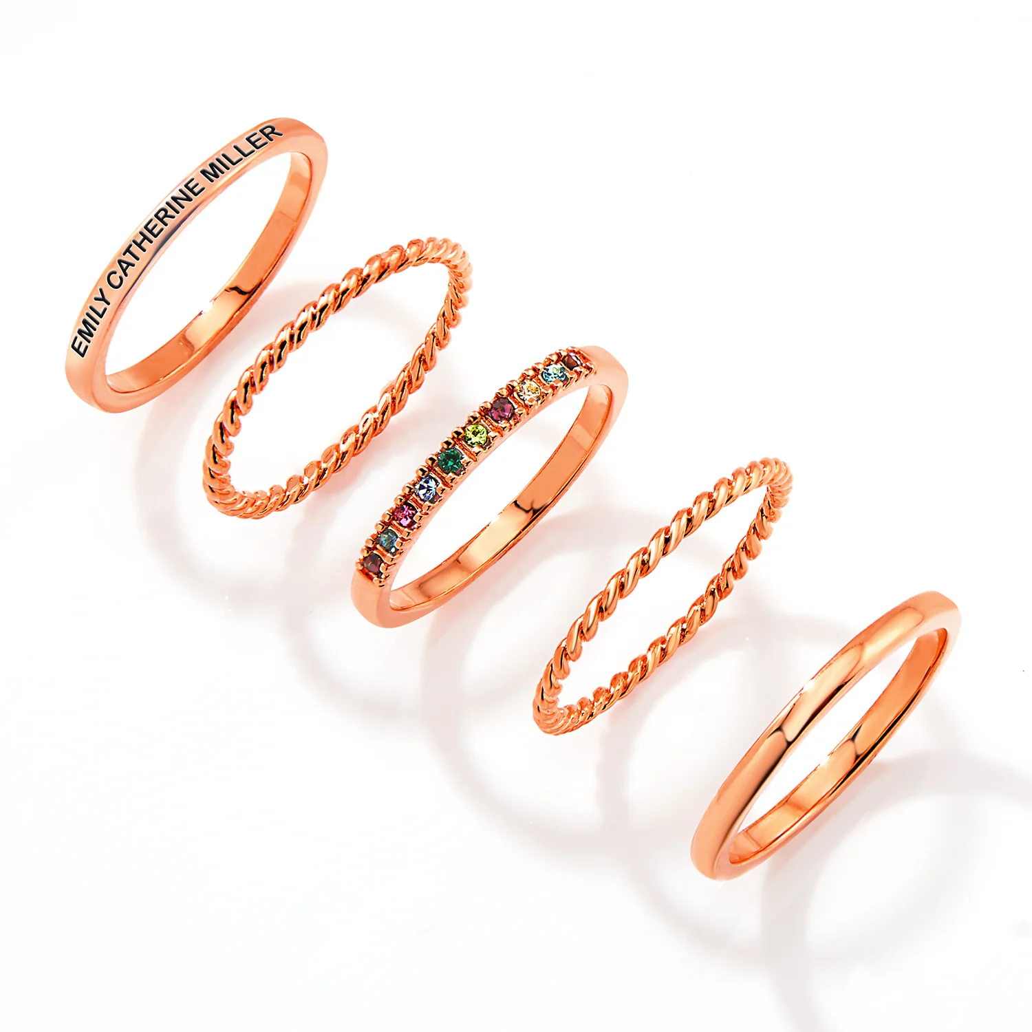 Rose Gold Plated Personalized Family Birthstone Roped Stackable 5 Ring Set - Image 3