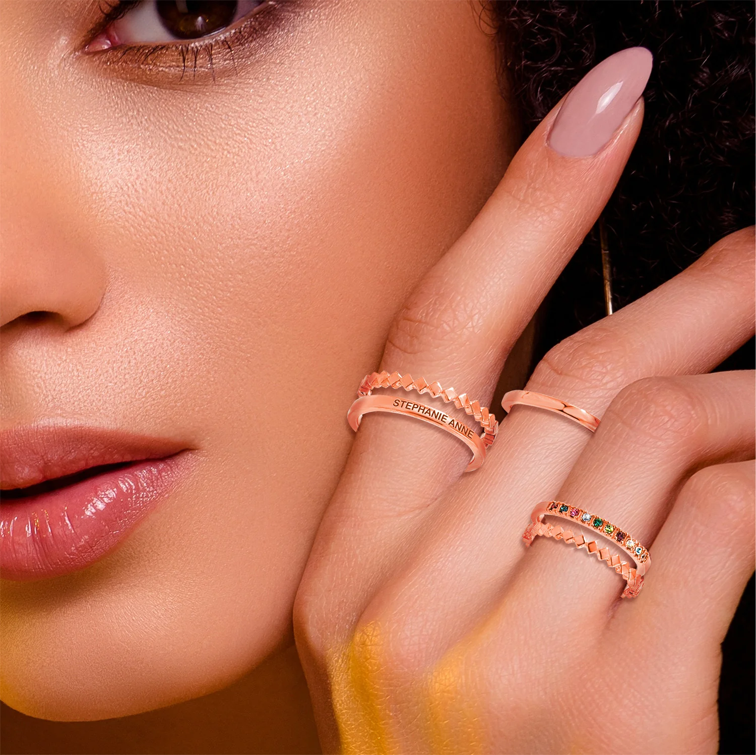 Rose Gold Plated Personalized Family Birthstone Stackable 5 Ring Set - Image 2