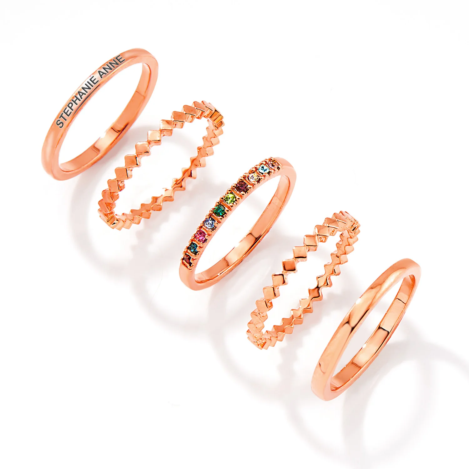 Rose Gold Plated Personalized Family Birthstone Stackable 5 Ring Set - Image 3