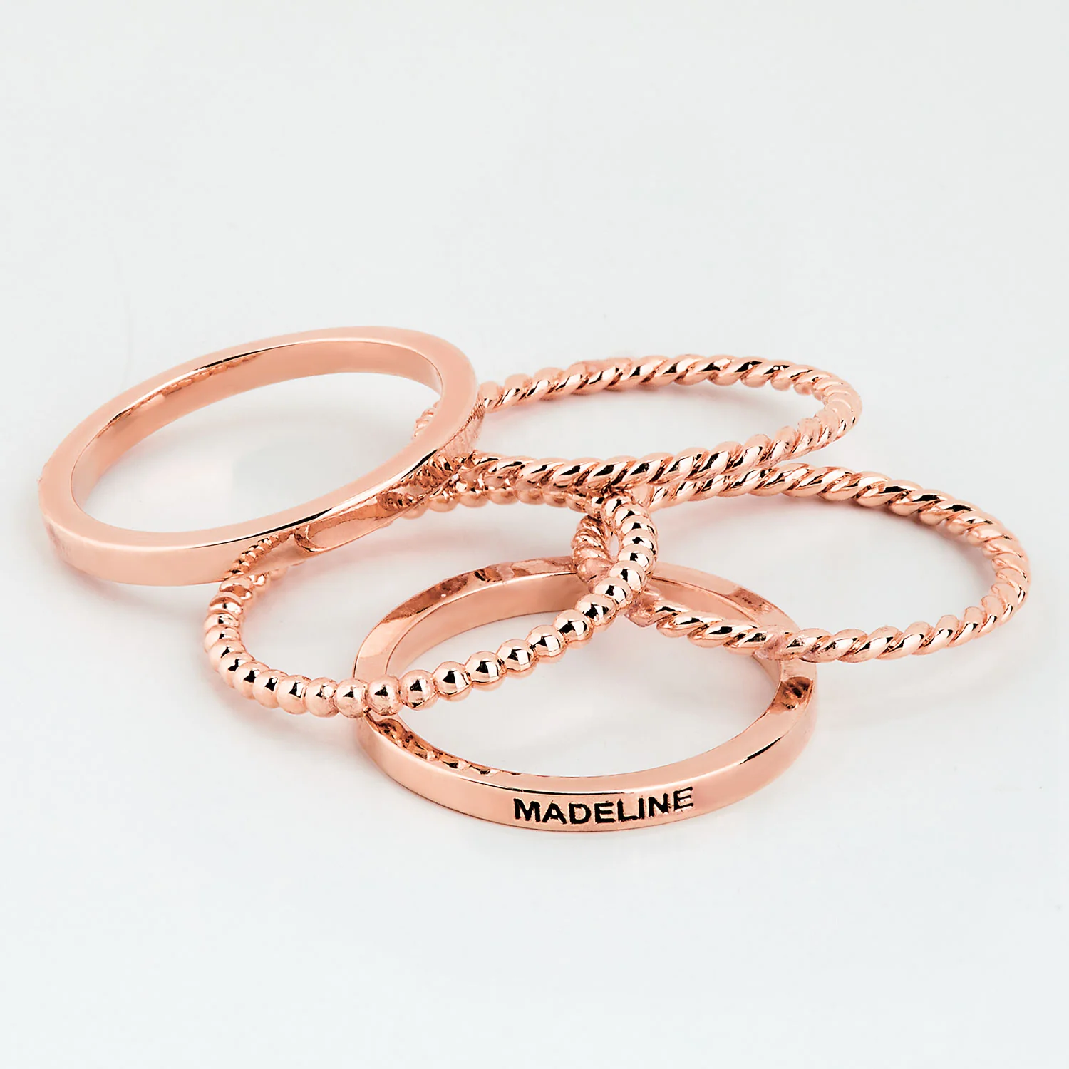 Rose Gold Plated Personalized Roped and Beaded Stackable 5 Ring Set - Image 4