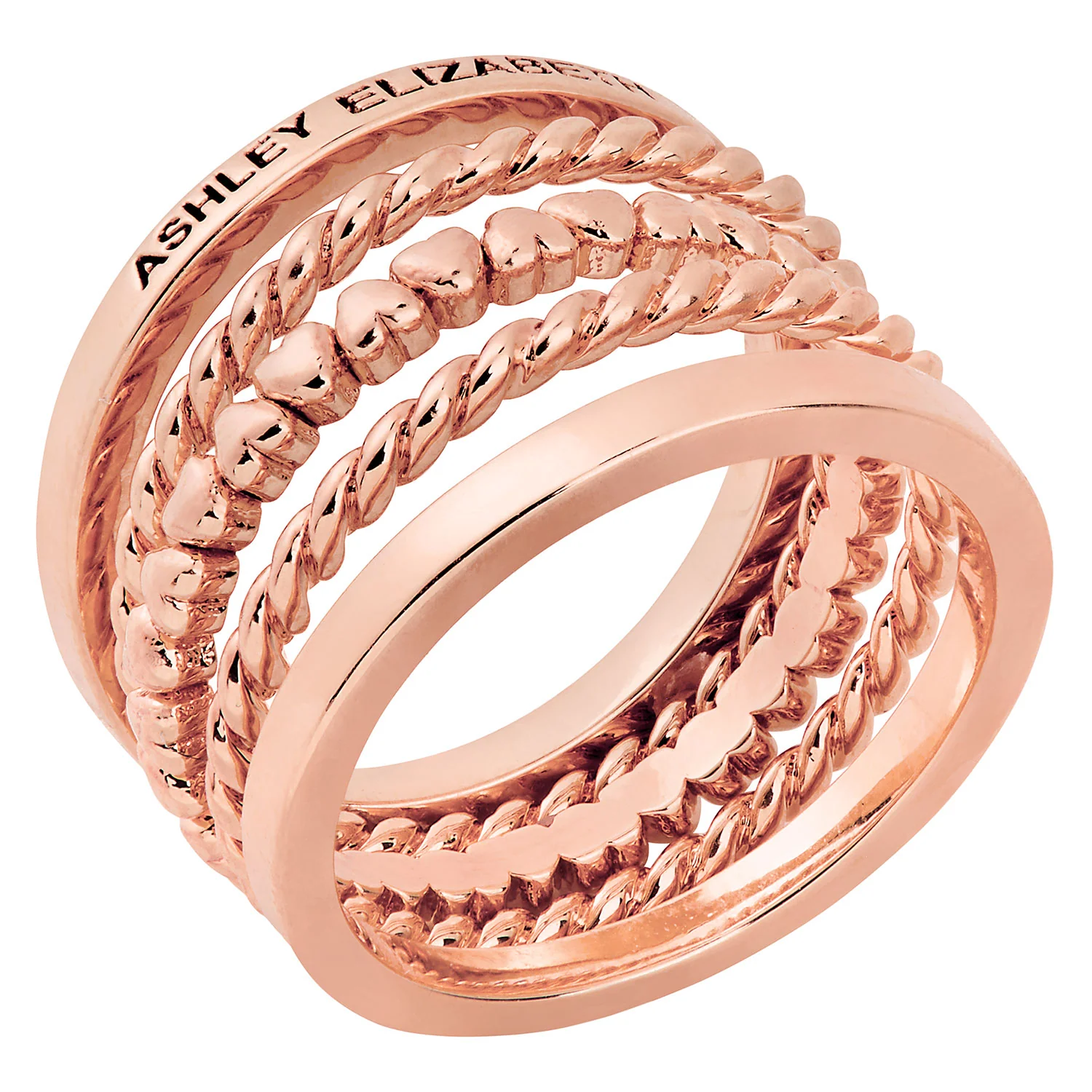 Rose Gold Plated Personalized Roped and Petite Heart Stackable 5 Ring Set - Image 3
