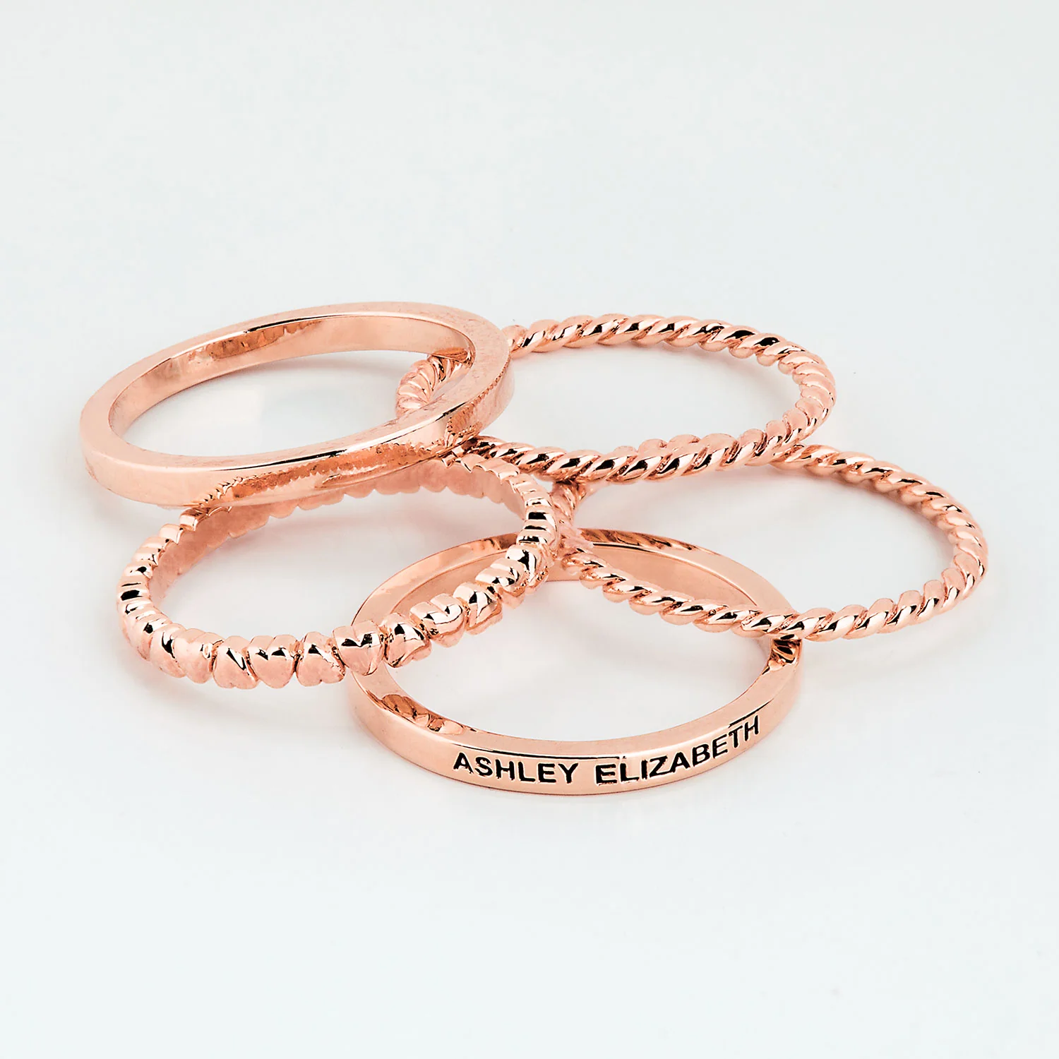 Rose Gold Plated Personalized Roped and Petite Heart Stackable 5 Ring Set - Image 4